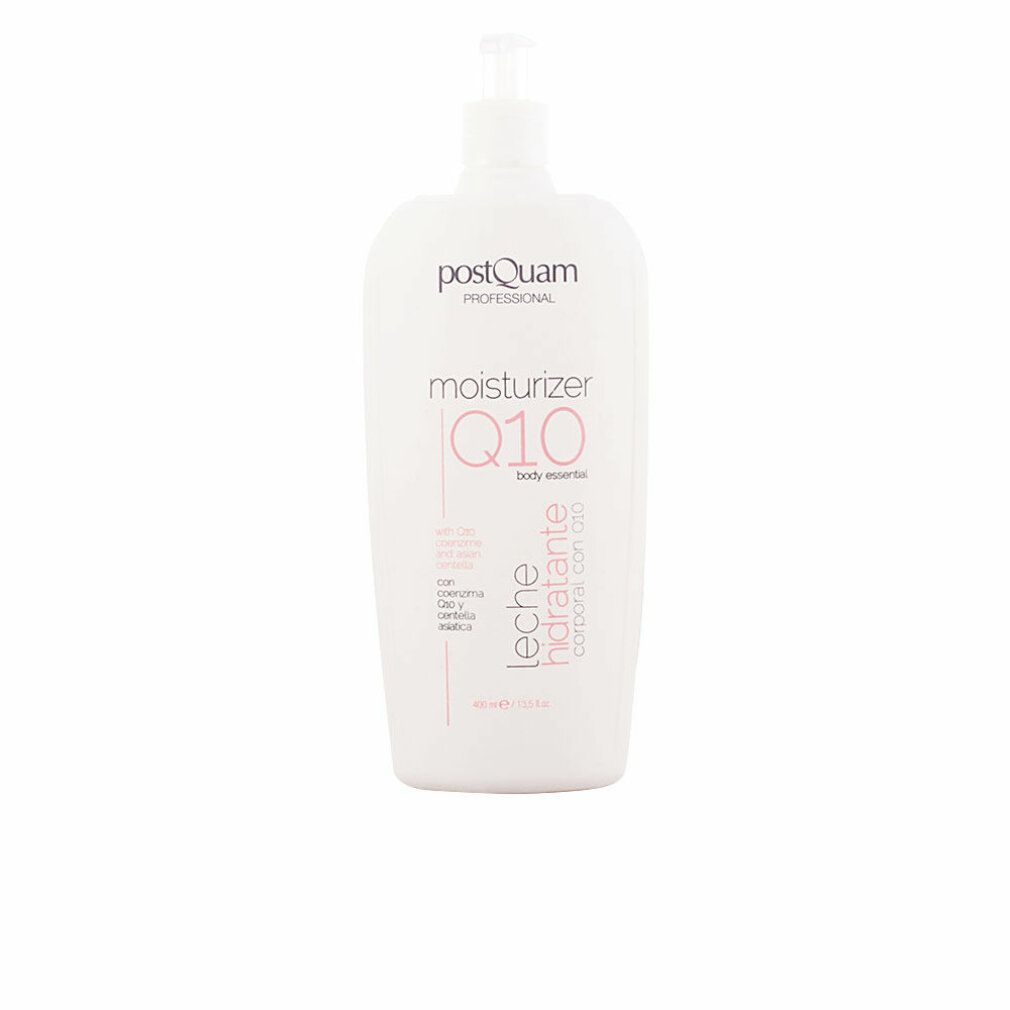 Weiße Flasche mit Pumpe. Produktname: moisturizer Q10. Text auf der Flasche.