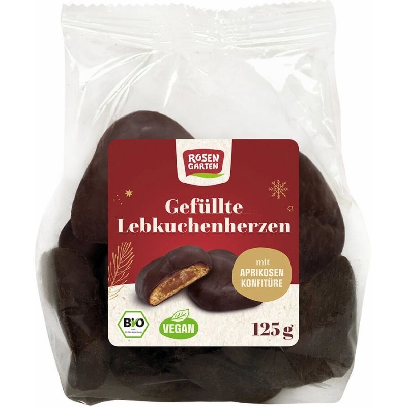 Lebkuchenherzen in transparenter Verpackung. Aufkleber mit Logo, Produktname, Füllung, Gewicht und Bio-Siegel. Vegan.