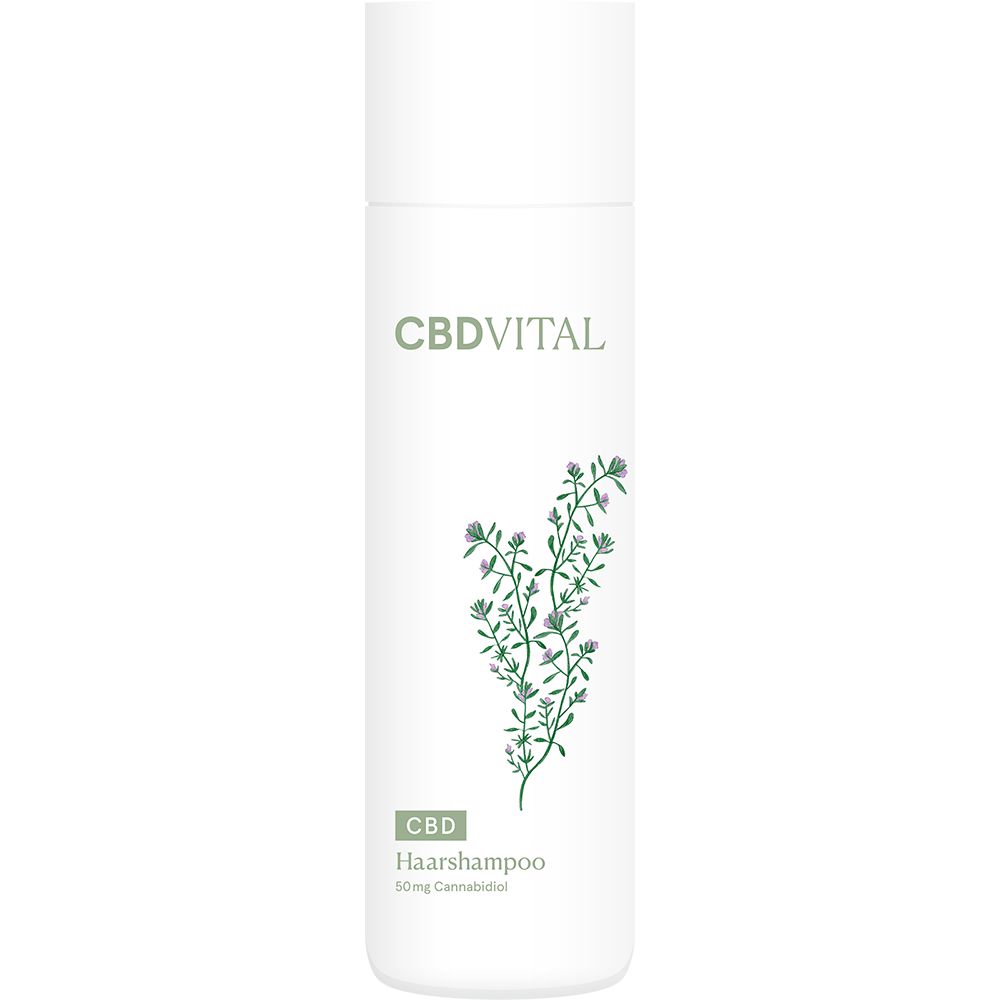 Weiße Flasche CBD VITAL Haarshampoo. Grünes Logo und Pflanzenillustration. Text: CBD, Haarshampoo, 50mg Cannabidiol.