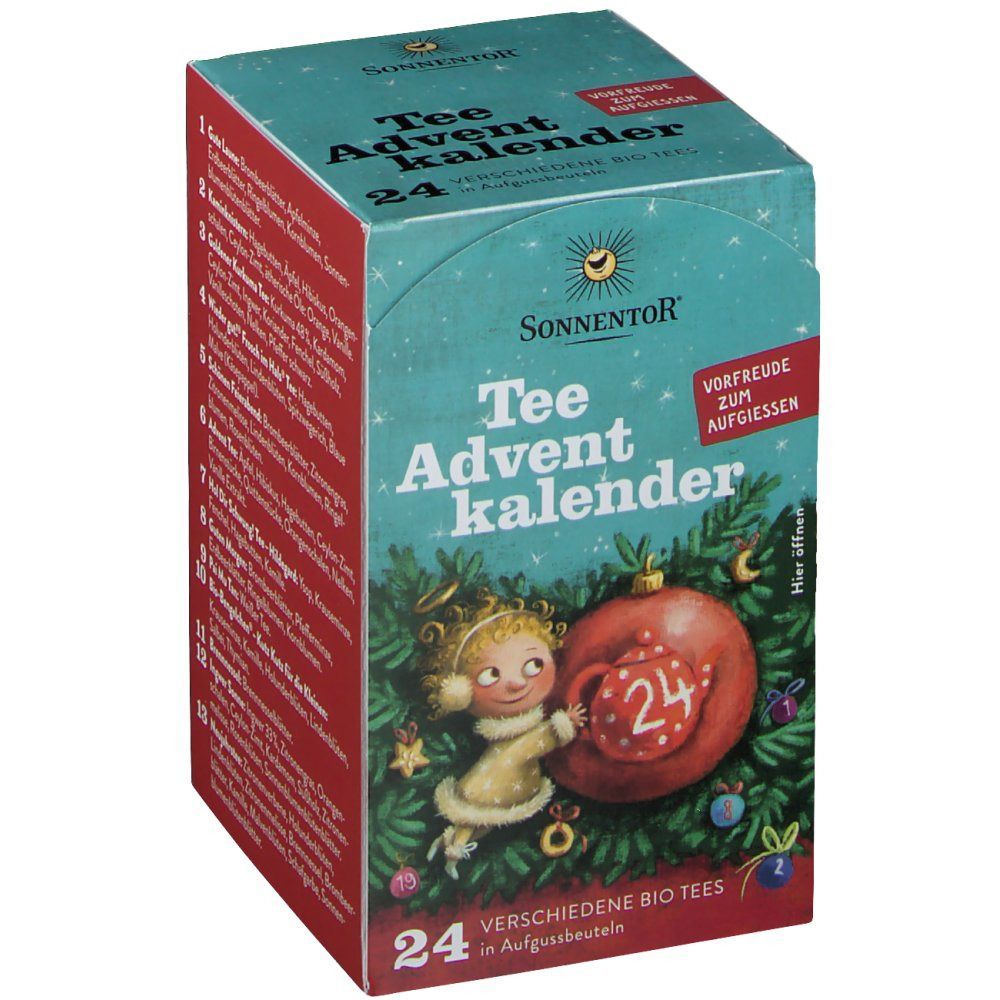 Adventskalender mit 24 Teebeuteln. SonnentoR Logo und Produktbezeichnung. Abbildung einer Weihnachtsdekoration mit Zahl 24.