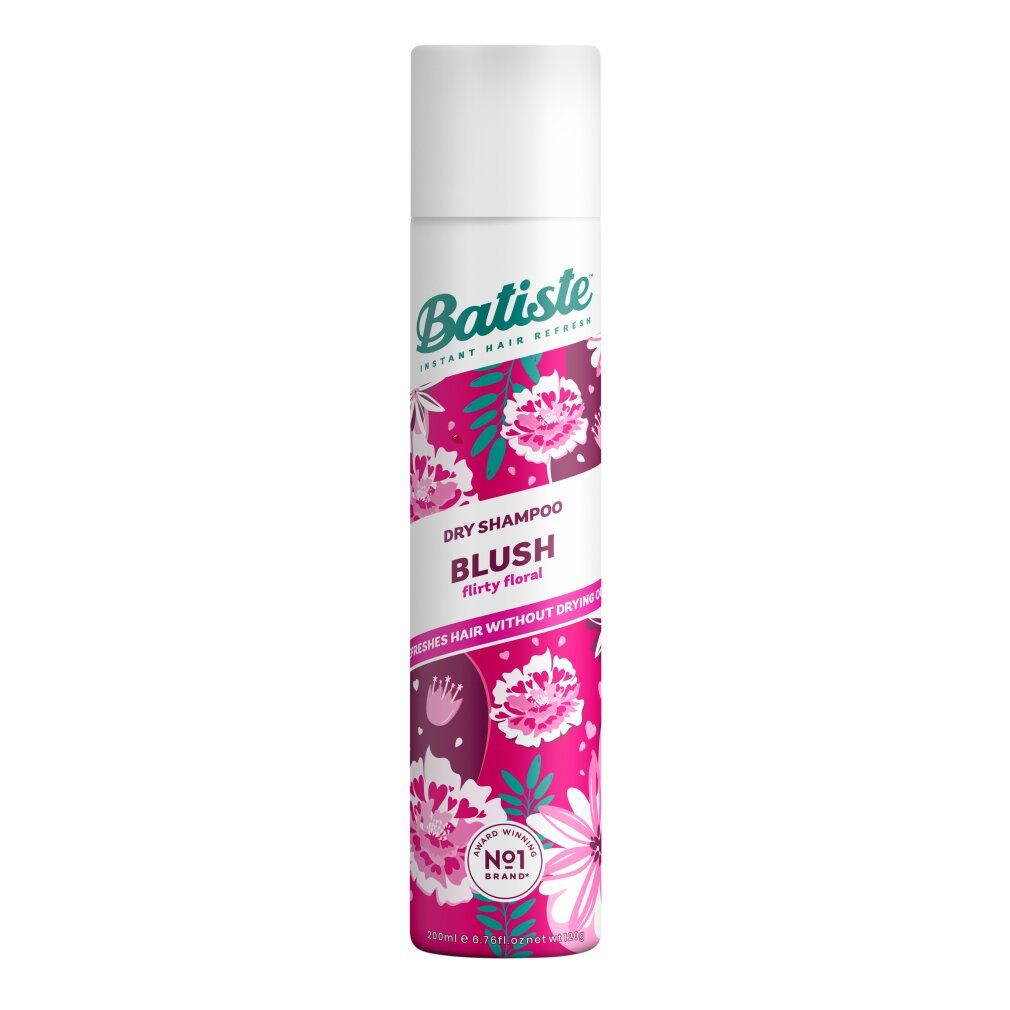 Trockenshampoo-Spraydose mit floralem Design. Marke Batiste, Produktname Blush. Weißer Deckel, rosa und weiße Blüten.