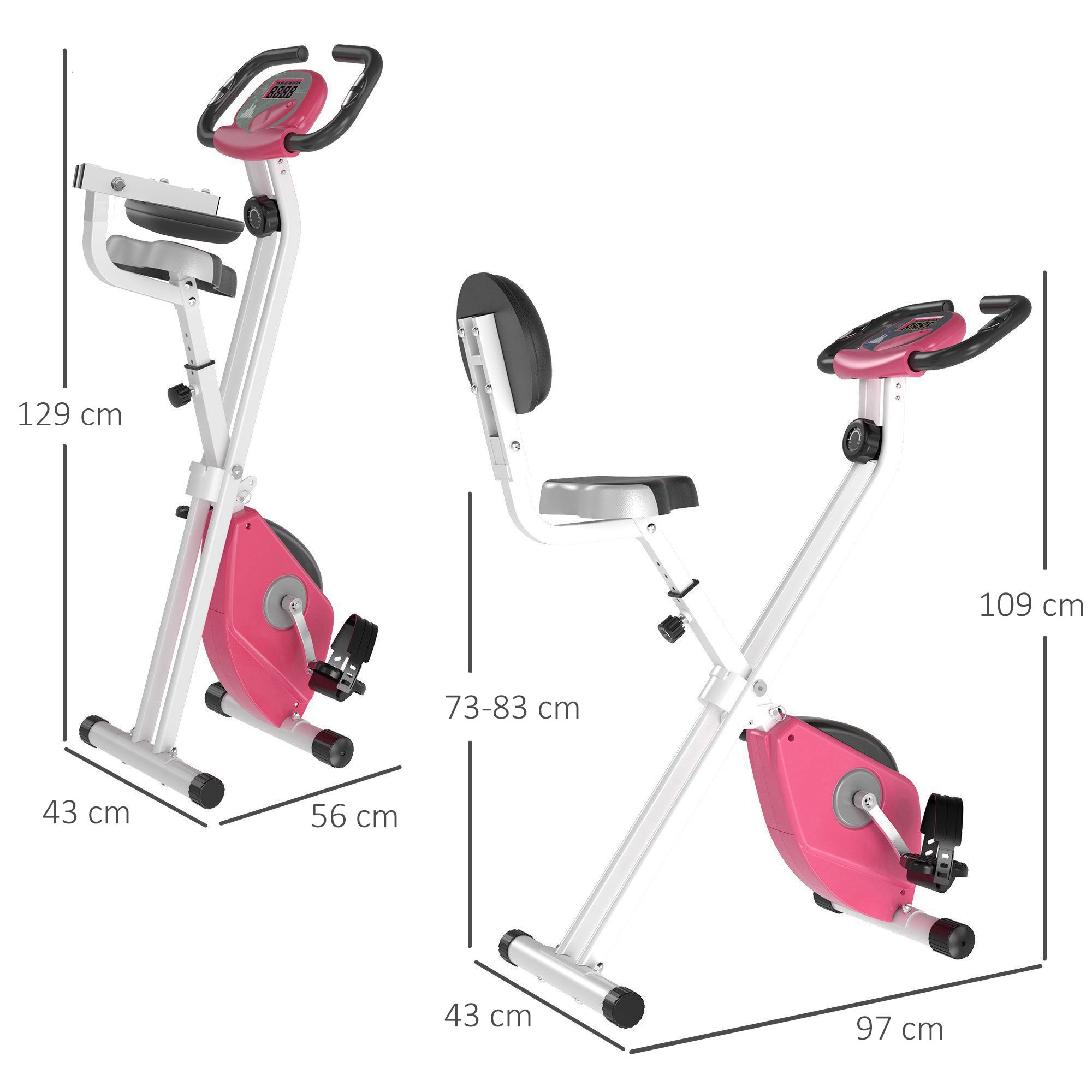 Fahrradtrainer, weiß-rosa, zusammengeklappt und aufgebaut. Maße: 129x43x56 cm (aufgebaut), 109x97x43 cm (zusammengeklappt).
