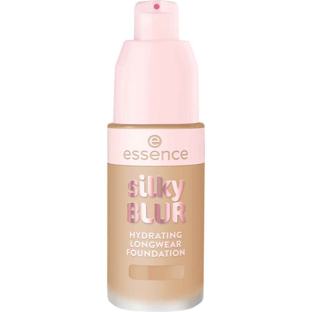 Foundation-Flakon mit rosa Pumpkopf. Aufschrift: essence, silky BLUR, Hydrating Longwear Foundation. Farbton: hellbraun.