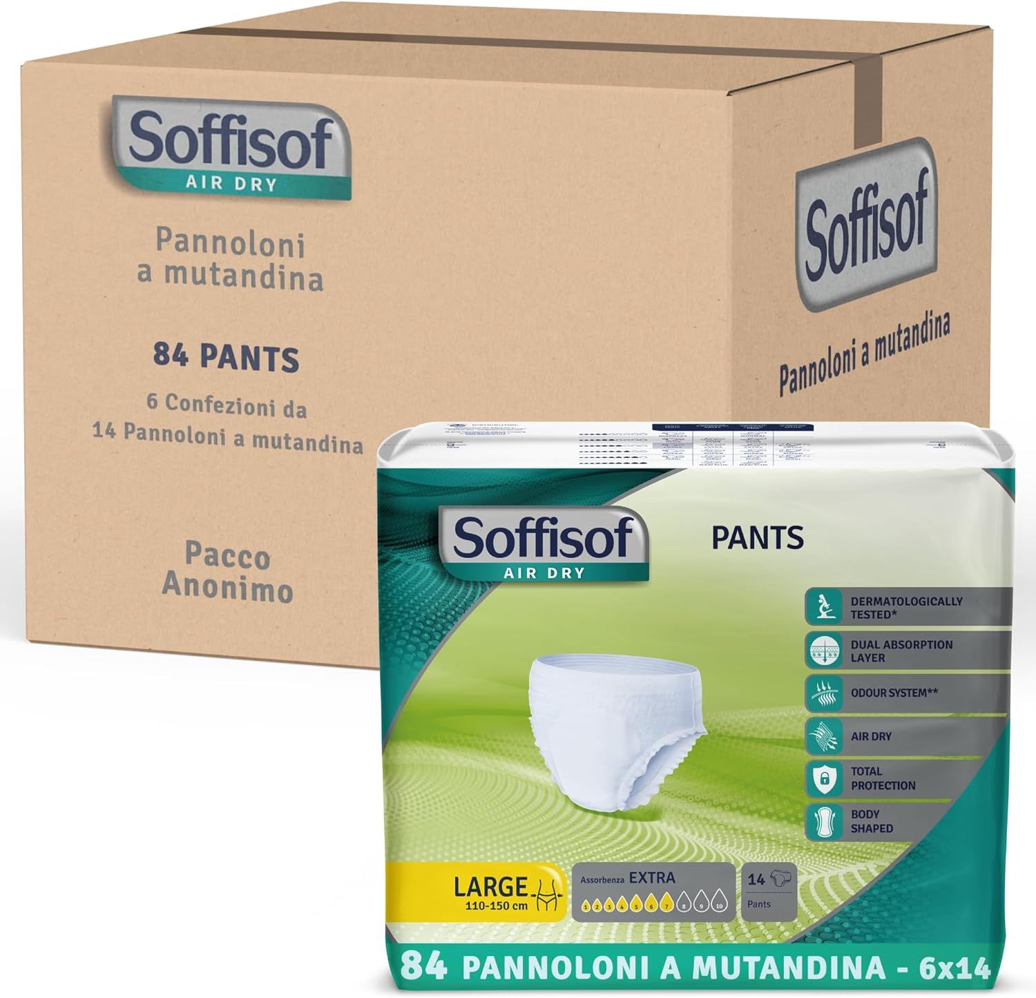Soffisof Pants Extra Inkontinenz Windelhosen. Karton mit Packungen. Produktverpackung mit Produktmerkmalen.