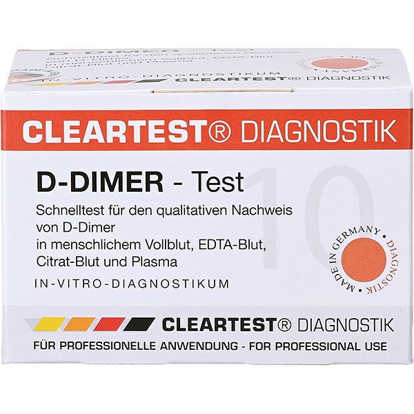 Verpackung des Cleartest D-Dimer Schnelltests. Weißer Karton mit roter und schwarzer Schrift. Aufschrift: D-Dimer - Test.