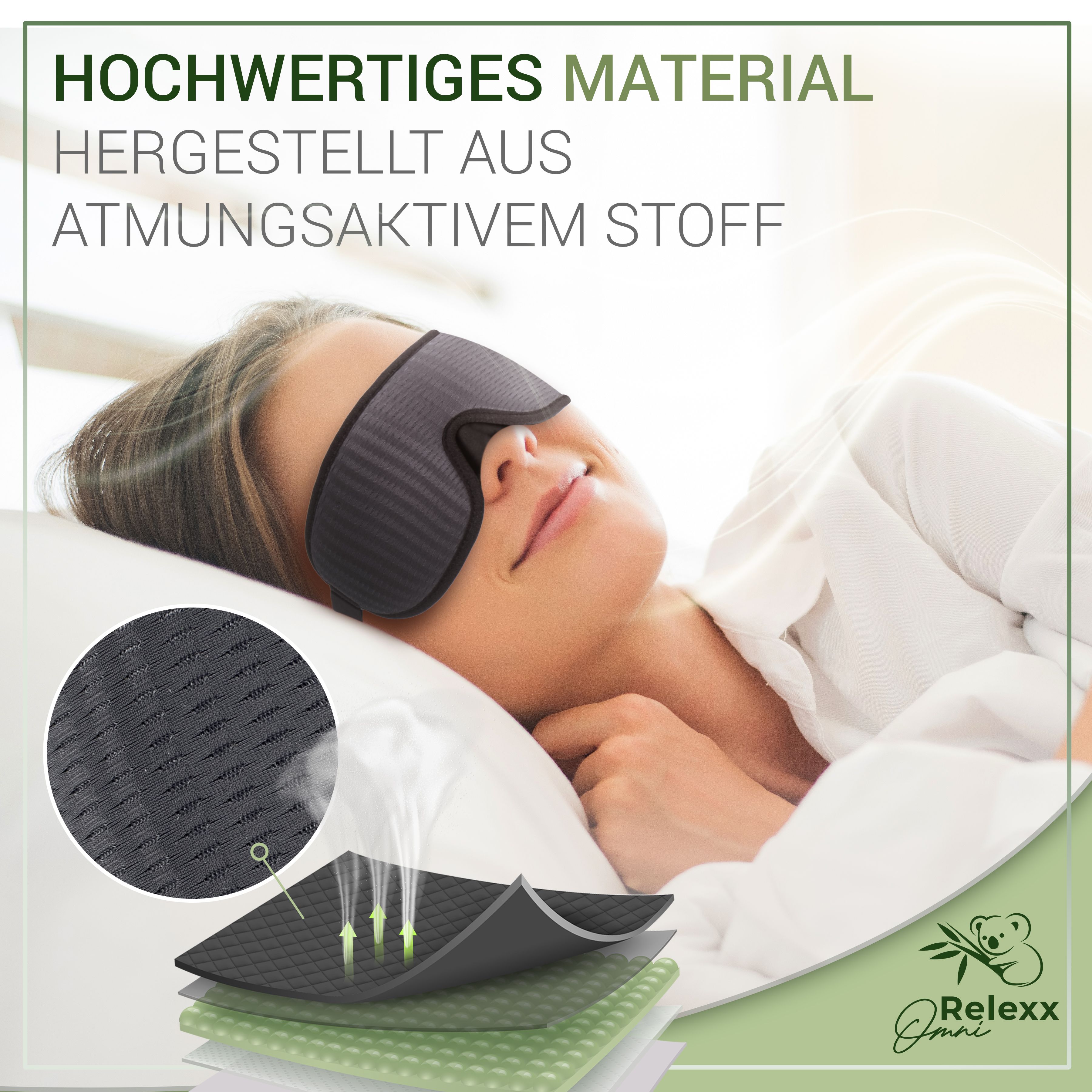 Frau mit Schlafmaske im Bett. Nahaufnahme des atmungsaktiven Materials. Produktname und Logo unten rechts.