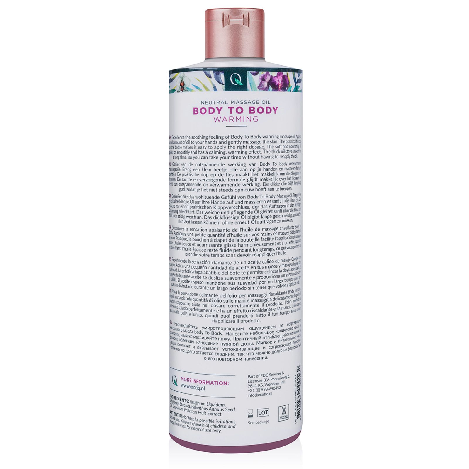 Rückseite einer Flasche mit Text. Aufschrift: Body to Body Warming. Mit floralem Muster und kupferfarbenem Verschluss.