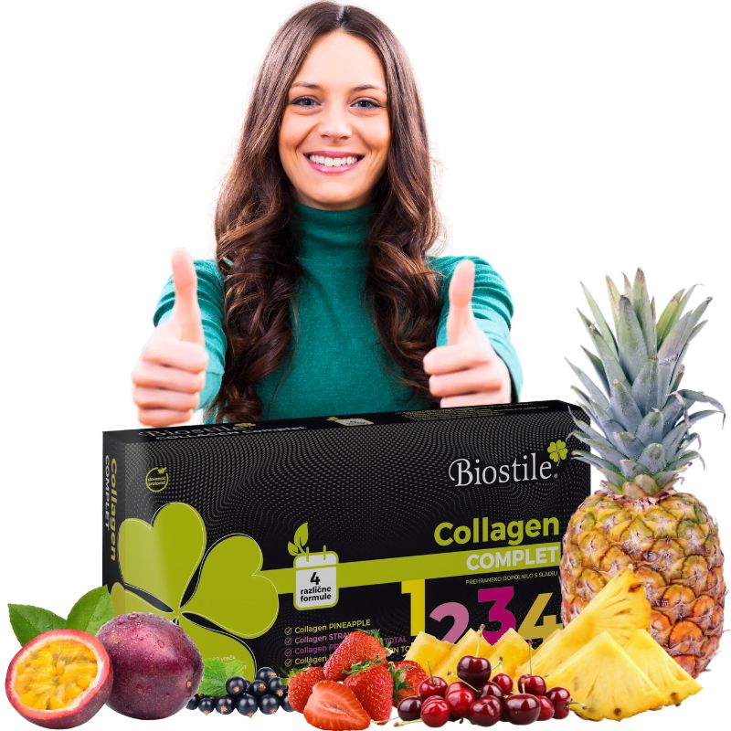Biostile Collagen Komplett Packung mit Früchten und Daumen hoch.