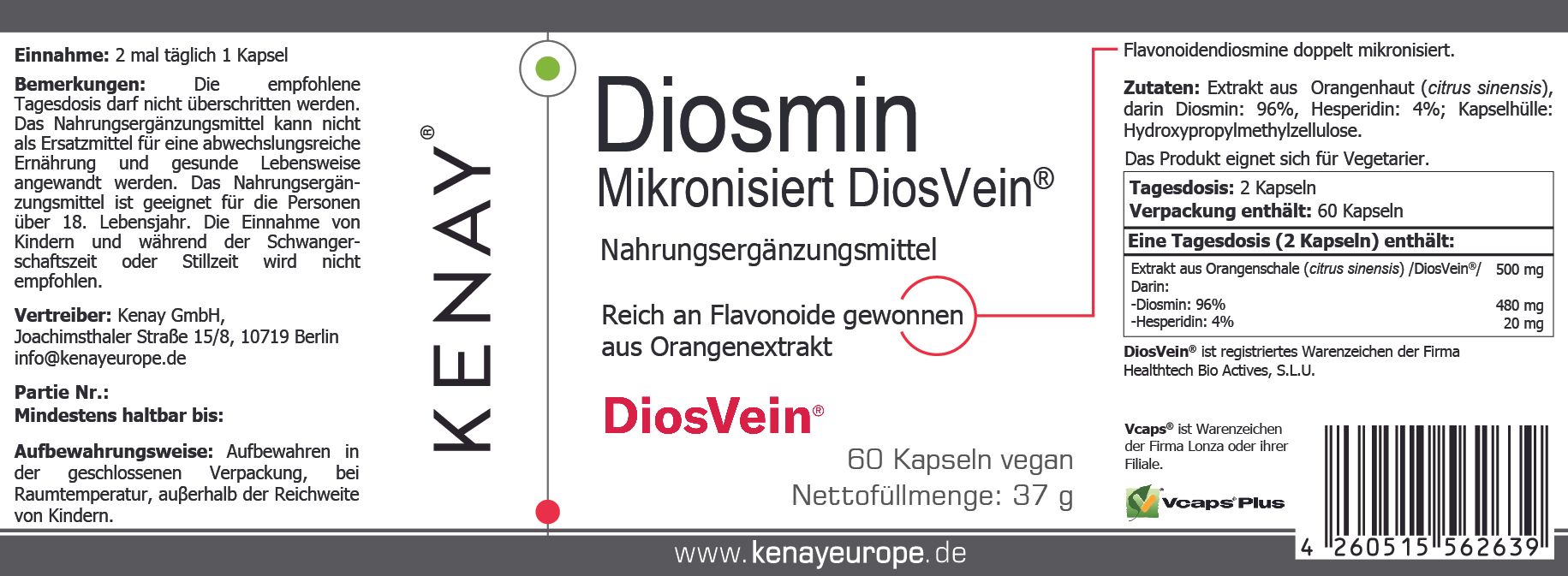 Verpackung von Diosmin Mikronisiert DiosVein® KENAY®. Enthält 60 Kapseln. Text: Nahrungsergänzungsmittel, Reich an Flavonoiden gewonnen aus Orangenextrakt.