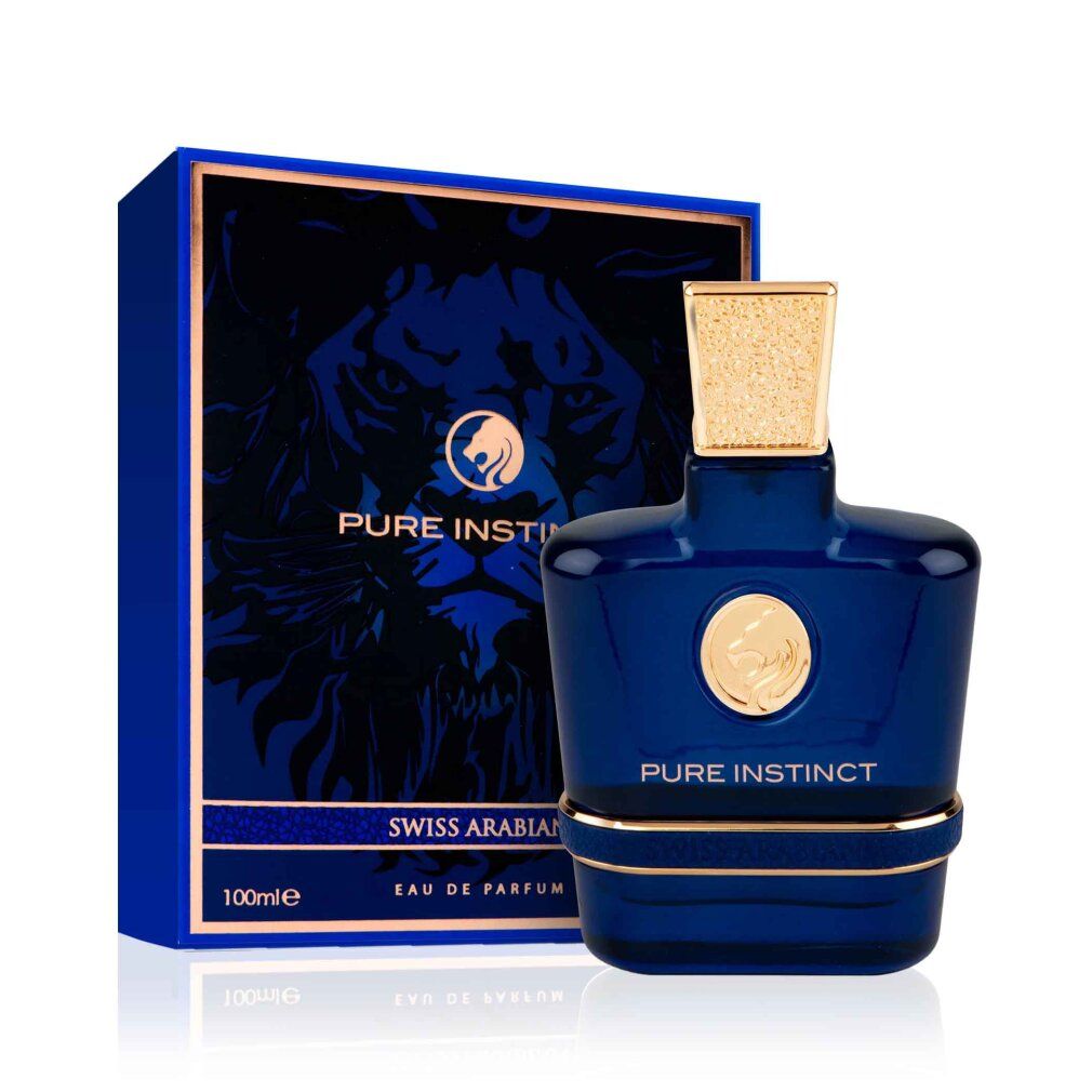 Dunkelblaue Glasflasche mit goldenem Verschluss und Verpackung. Enthält 100 ml Eau de Parfum.
