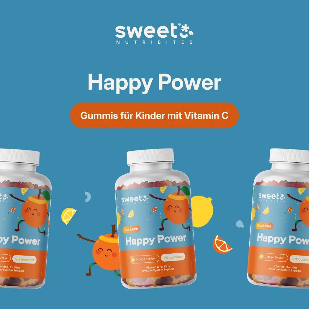 Drei Flaschen Sweet Nutribites Happy Power Gummis. Aufkleber mit Produktnamen, Vitamin C. Text: Gummis für Kinder mit Vitamin C.