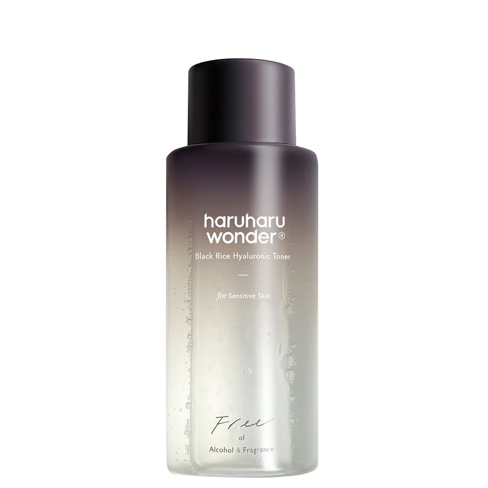 HaruHaru Wonder Black Rice Hyaluronic Toner für empfindliche Haut in einem transparenten Flakon mit dunklem Verschluss.