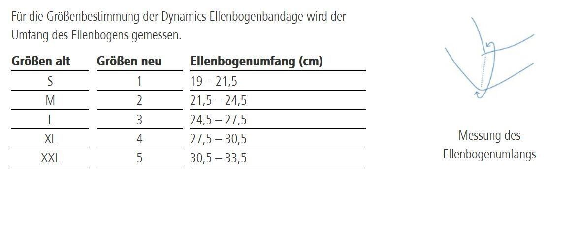 Größentabelle für die Ellenbogenbandage. Größenangaben in S, M, L, XL, XXL und Umfang in cm.