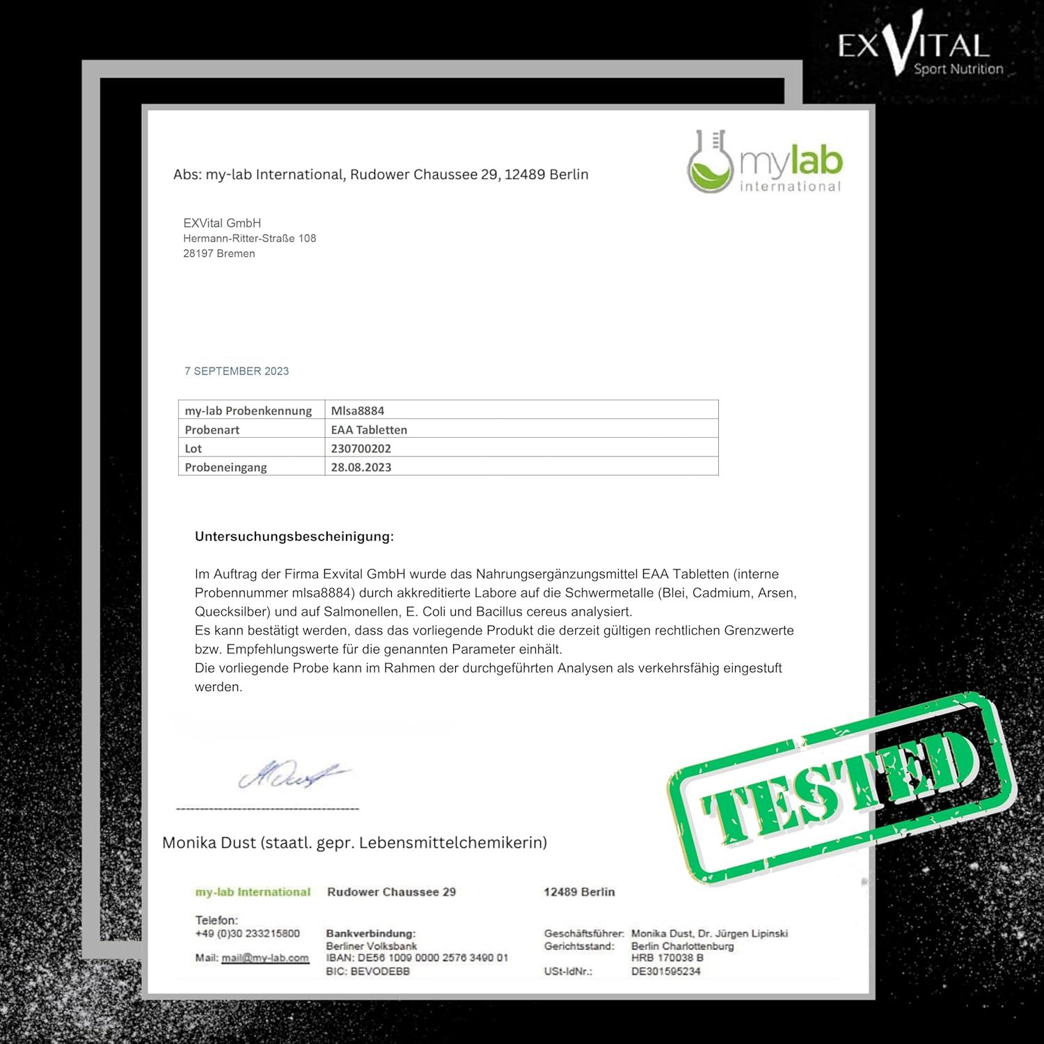 Laborbericht von mylab International für EXVital EAA Tabletten. Geprüft auf Schwermetalle und Salmonellen.
