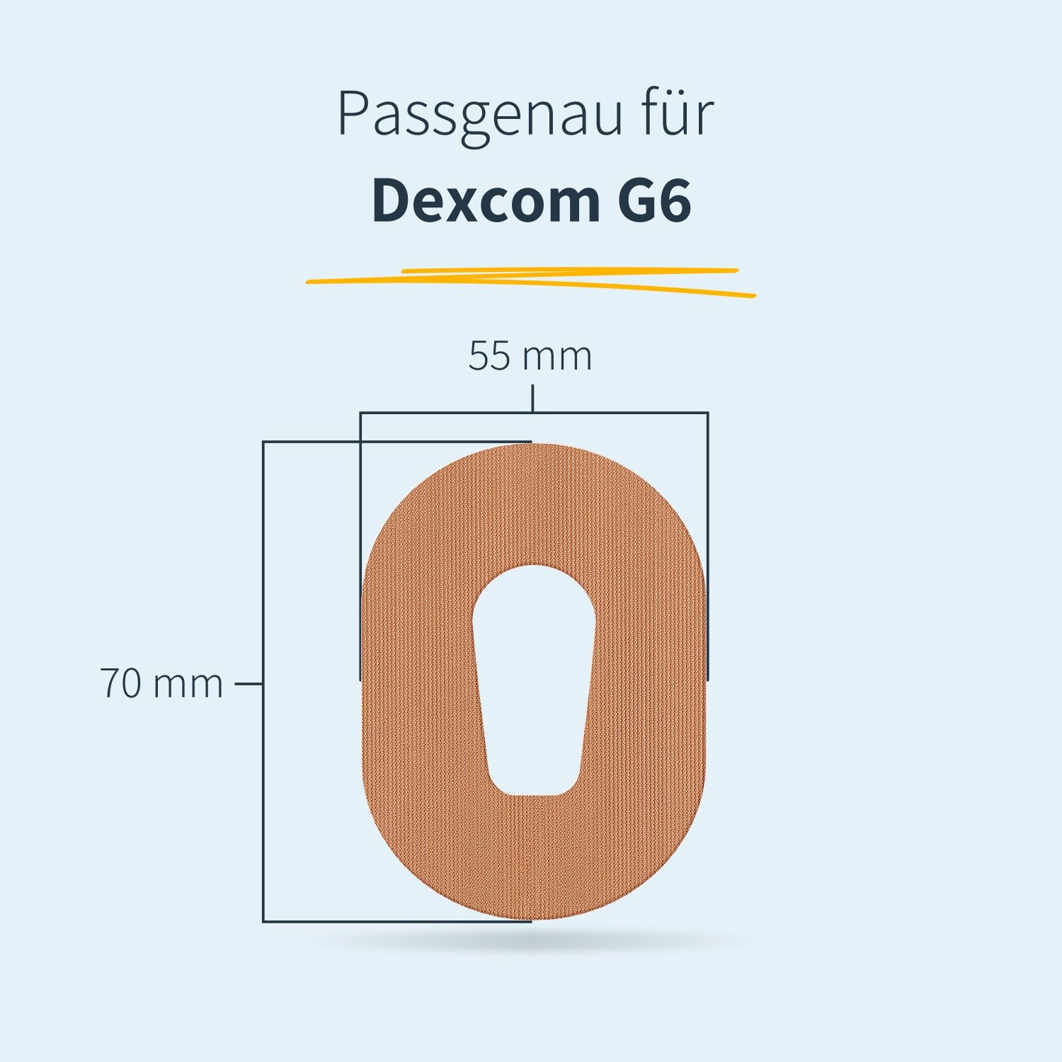Infografik: Pflaster für Dexcom G6. Maße: 70 x 55 mm. Oval mit Aussparung.