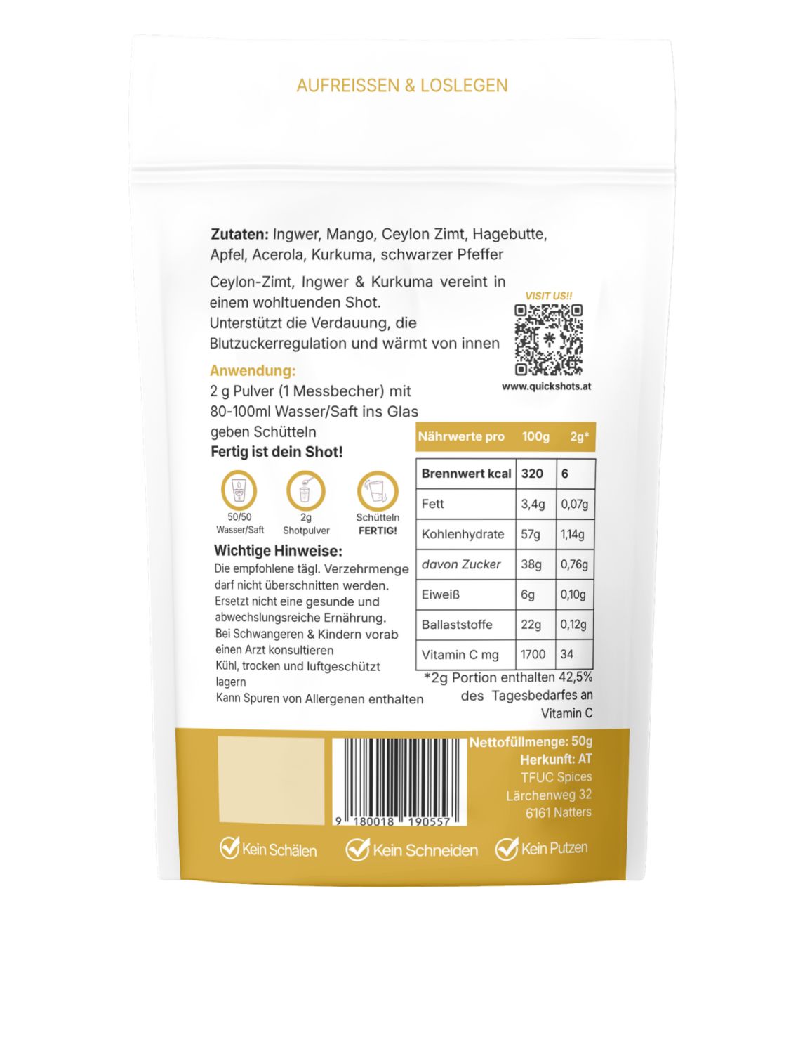 Rückseite eines Quickshots Ingwer-Zimt Love Beutels mit Zutatenliste, Anwendungshinweisen und Nährwertangaben. 50g Nettofüllmenge.