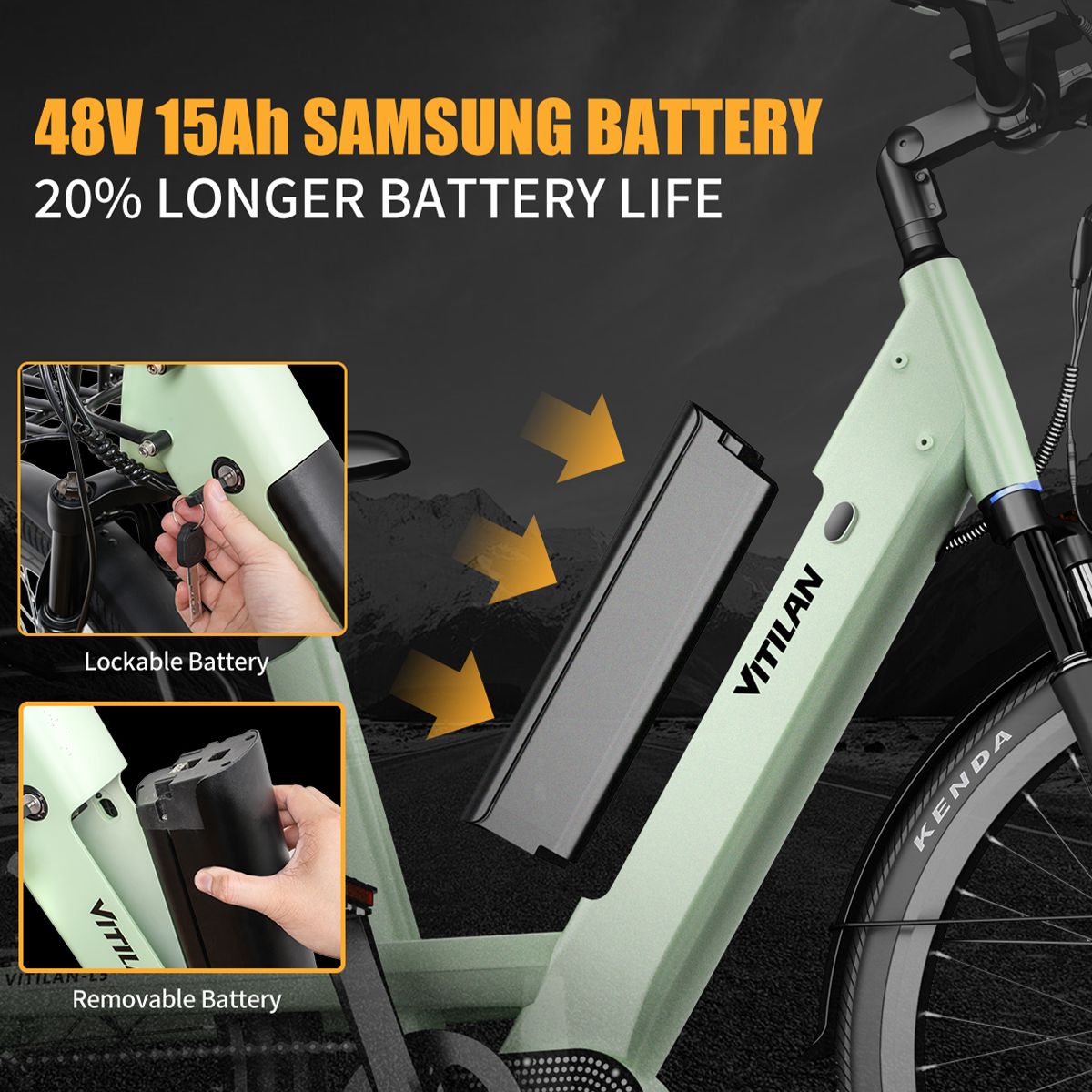 Detailansicht des Vitilan L5 E-Bike-Akkus. Der Akku ist herausnehmbar und abschließbar. Text: 48V 15Ah SAMSUNG BATTERY.