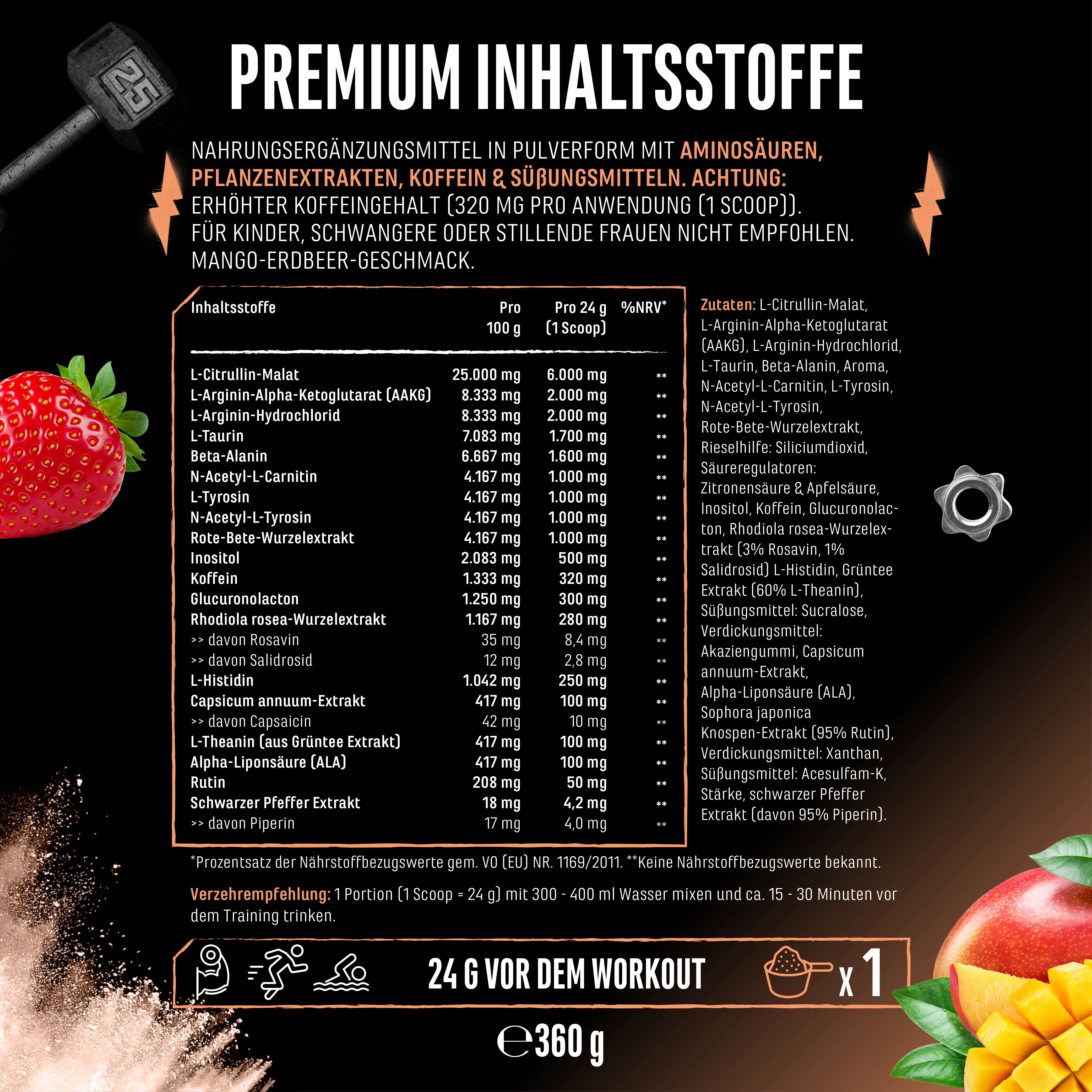 Infografik: Premium Inhaltsstoffe. Inhaltsstoffe pro 100g und pro Portion (1 Messlöffel). Enthält Aminosäuren, Pflanzenextrakte, Koffein & Süßungsmittel. Mango-Erdbeer-Geschmack.