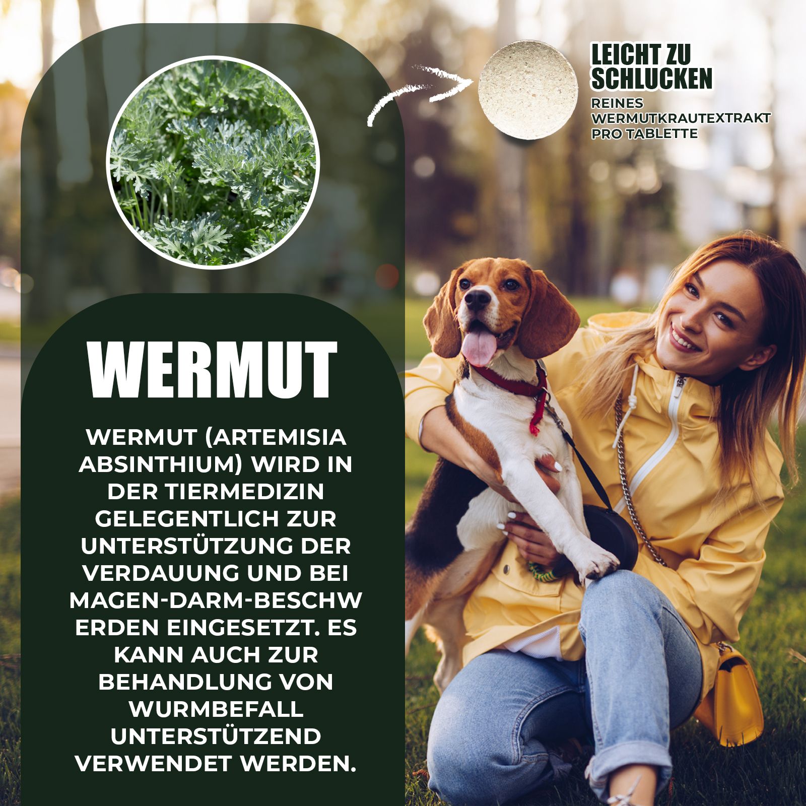 Frau mit Hund. Text: Wurmwood (Artemisia absinthium) wird in der Tiermedizin zur Unterstützung der Verdauung eingesetzt. Leicht zu schlucken, reines Wermutkrautextrakt.