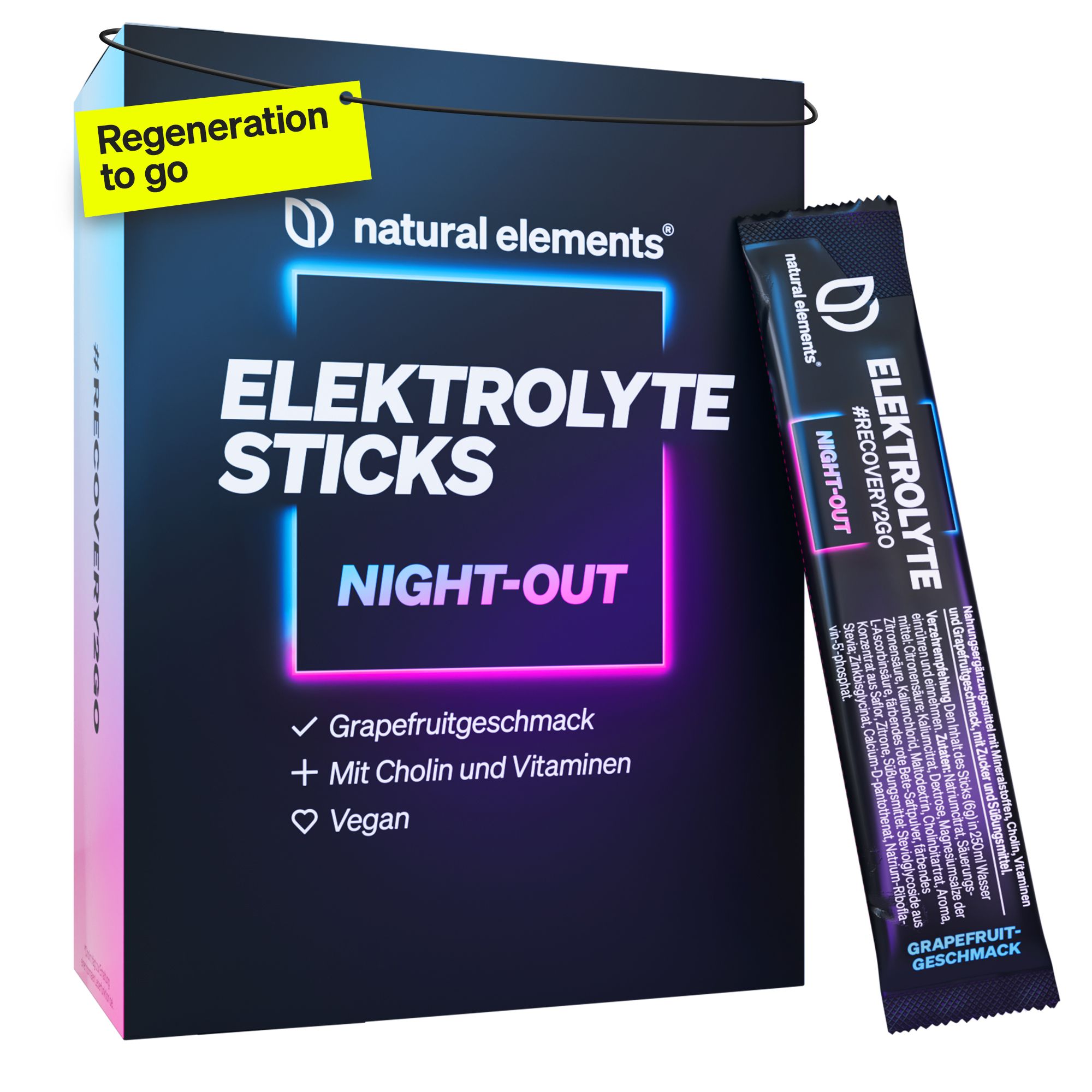 Produktverpackung: natural elements Elektrolyte Sticks Night-Out. Aufschrift: Grapefruitgeschmack, Cholin und Vitamine, Vegan. Regeneration to go.