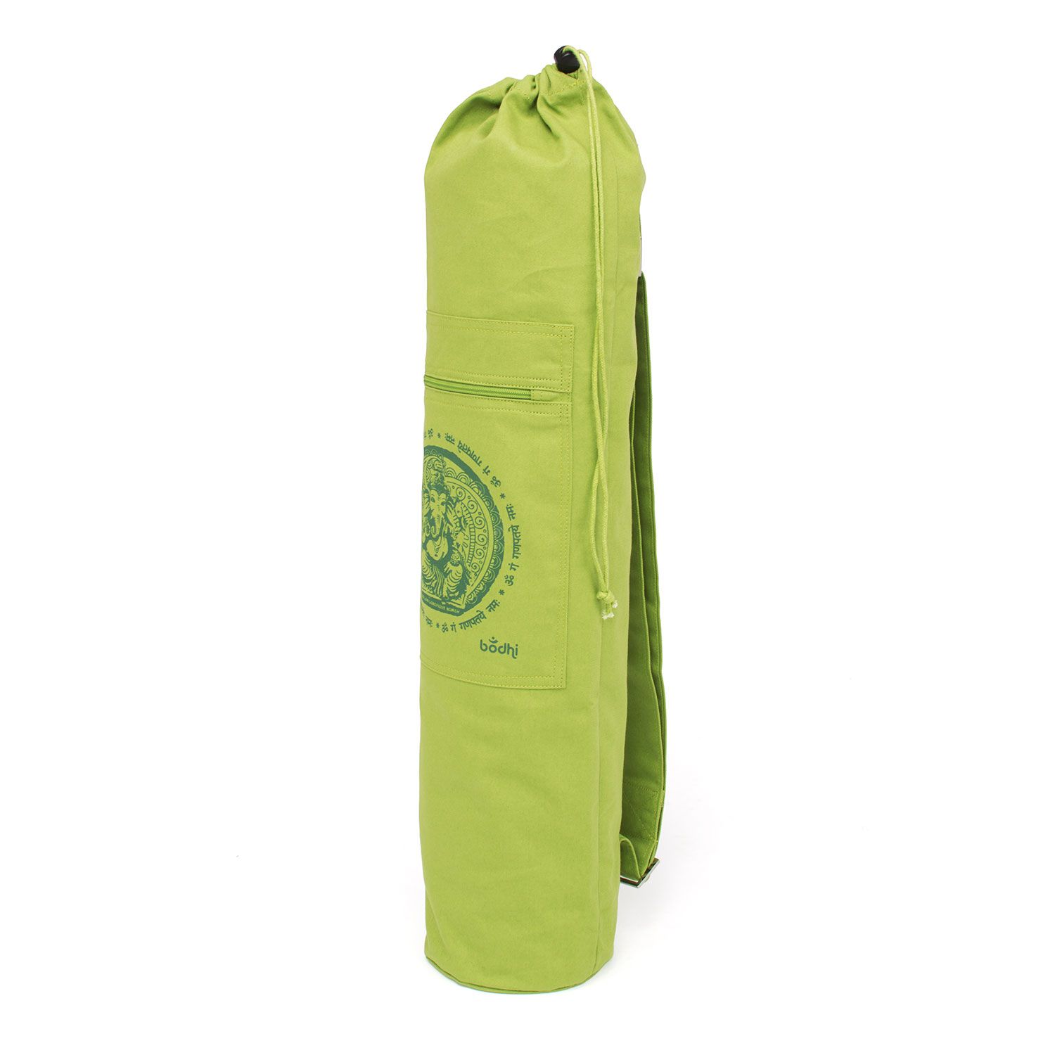Grüne Baumwolltasche mit Schultergurt, Kordelzug und Reißverschluss. Marke: bodhi.
