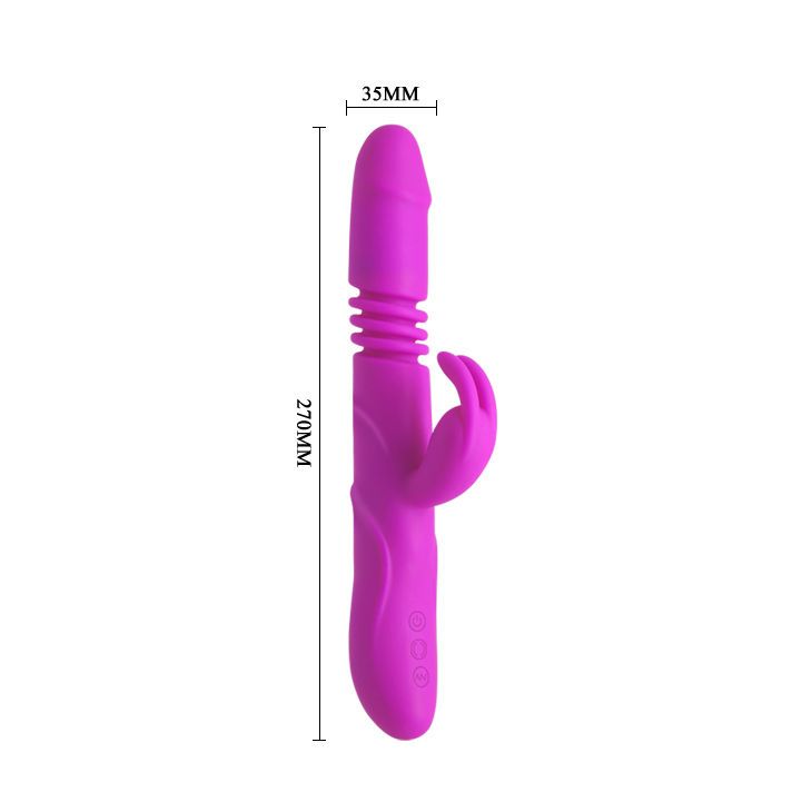 Lila Vibrator mit geriffelter Oberfläche und Hasenohren-Design. Maße: 270mm x 35mm.