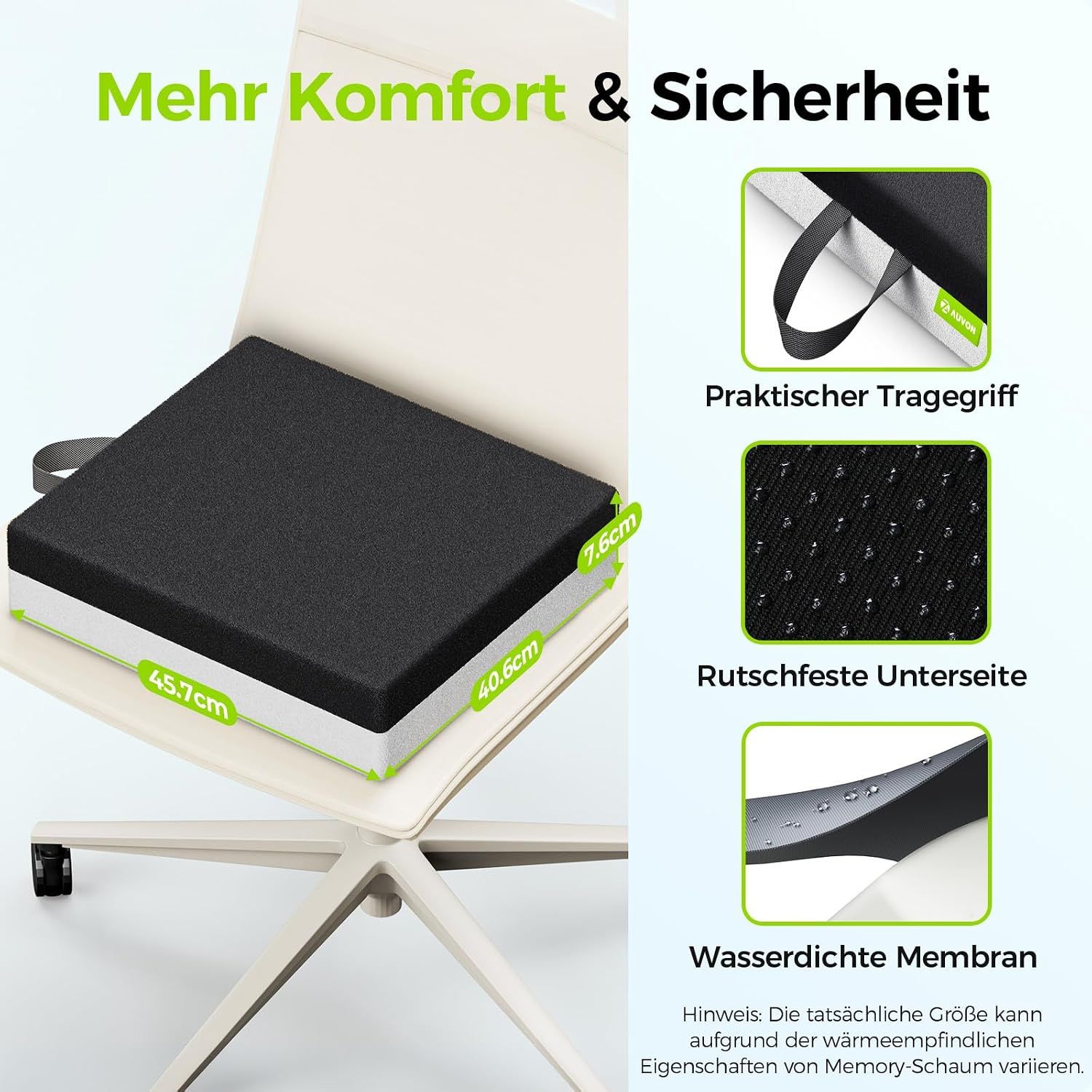 Schwarzes Sitzkissen mit Griff, rutschfester Unterseite und wasserdichter Membran.