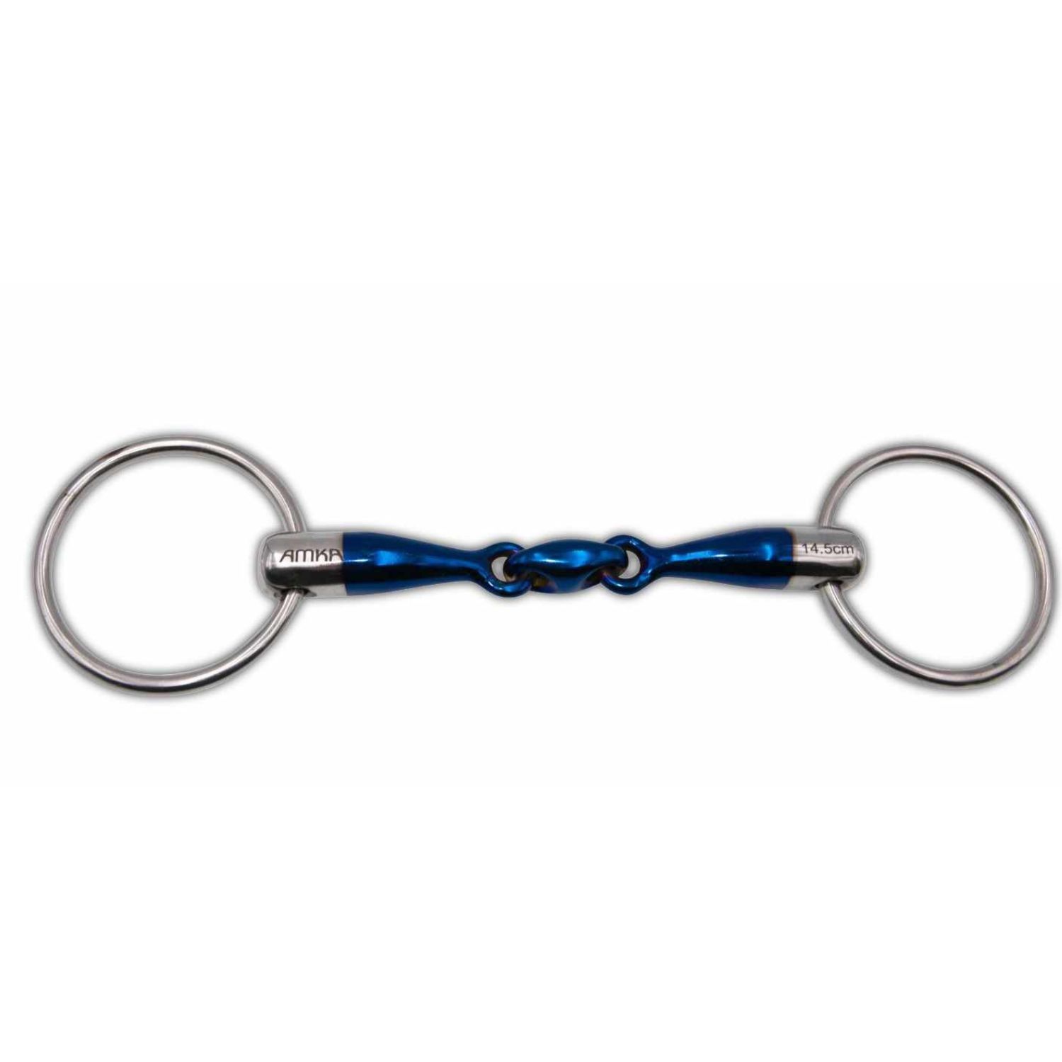 Gebiss, doppelt gebrochen, blau und silberfarben. Logo: AMKA.