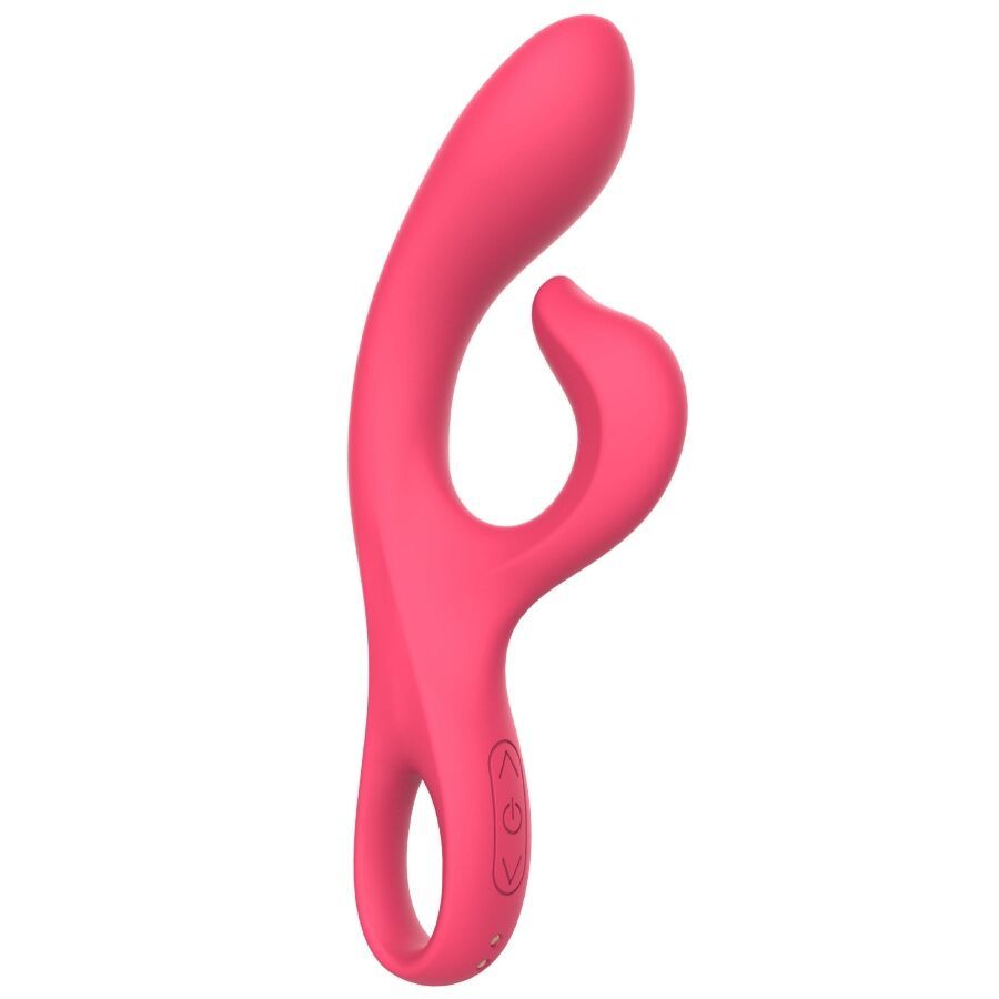 Rosa Vibrator mit geschwungener Form. Bedienknöpfe am Griff. Ein Ende abgerundet, das andere hat eine Schlaufe.