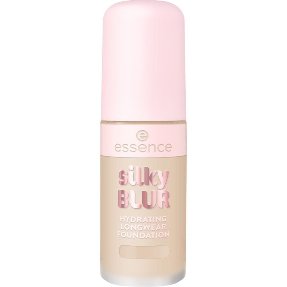 Foundation-Flakon mit rosa Kappe. Aufschrift: Silky Blur, Hydrating Longwear Foundation. Marke: essence.