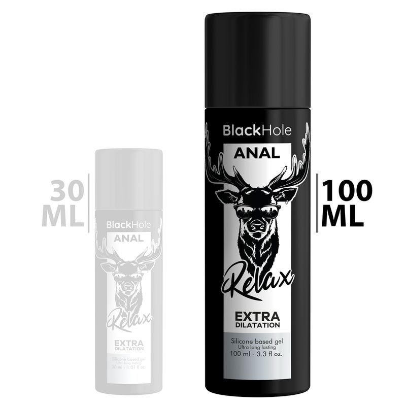 Zwei schwarze Flaschen. Aufschrift: Black Hole ANAL Relax EXTRA DILATATION. Eine Flasche mit 30 ml, die andere mit 100 ml.