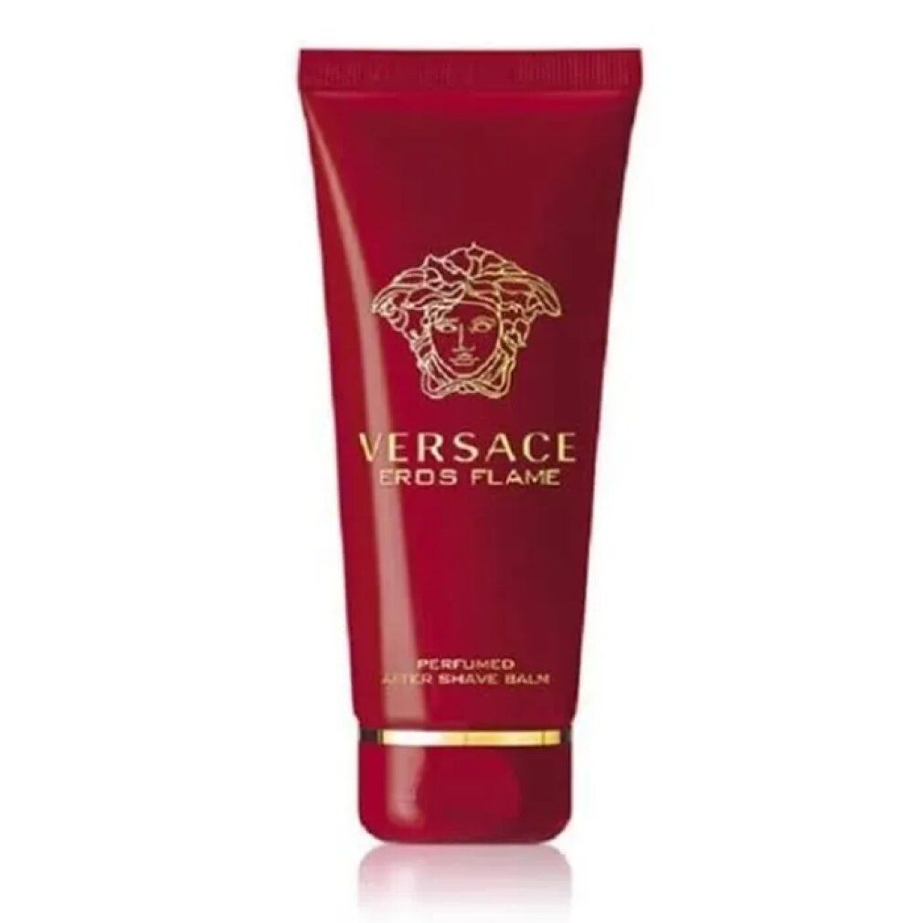 Rote Tube mit goldfarbenem Logo und Schriftzug. "VERSACE EROS FLAME" und "PERFUMED AFTER SHAVE BALM" sind sichtbar.