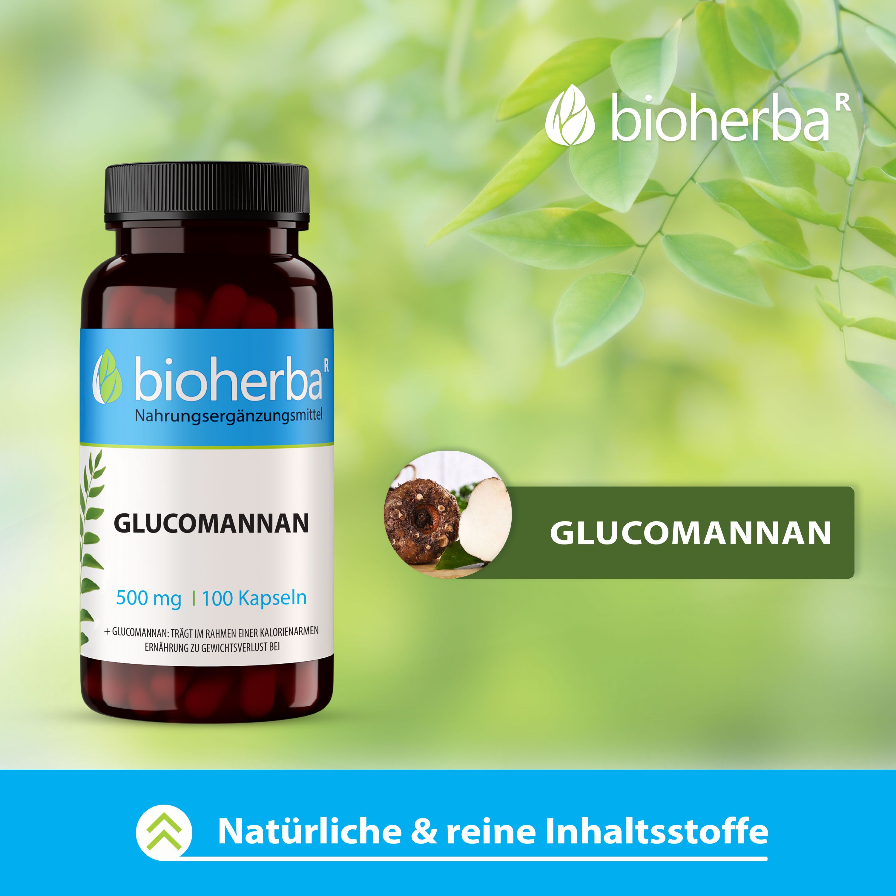 Produktabbildung mit Text. Aufschrift: bioherba, Glucomannan, 500 mg, 100 Kapseln. Vorteile des Produkts.