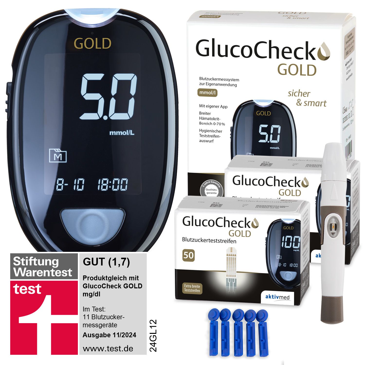 GlucoCheck GOLD Set (mmol/L) zur Kontrolle des Blutzuckers mit 110 Teststreifen