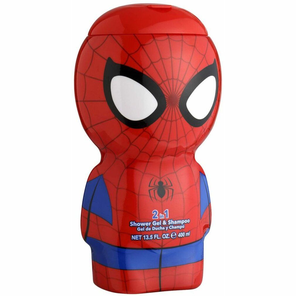 Rote Spiderman-Flasche, 2-in-1 Duschgel & Shampoo, 400 ml. Spiderman-Gesicht mit Augen, Spinnennetz-Design, blaue Akzente.