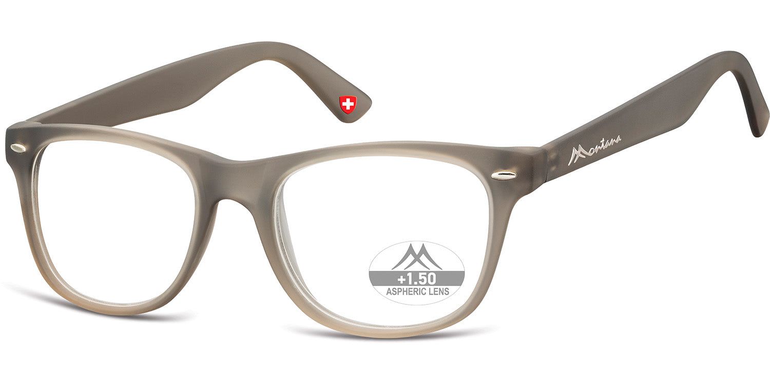 Brille mit grauem Rahmen, rechteckiger Form. Auf dem Glas steht "+1.50 Aspheric Lens". Am Bügel "Montana". Schweizer Kreuz.