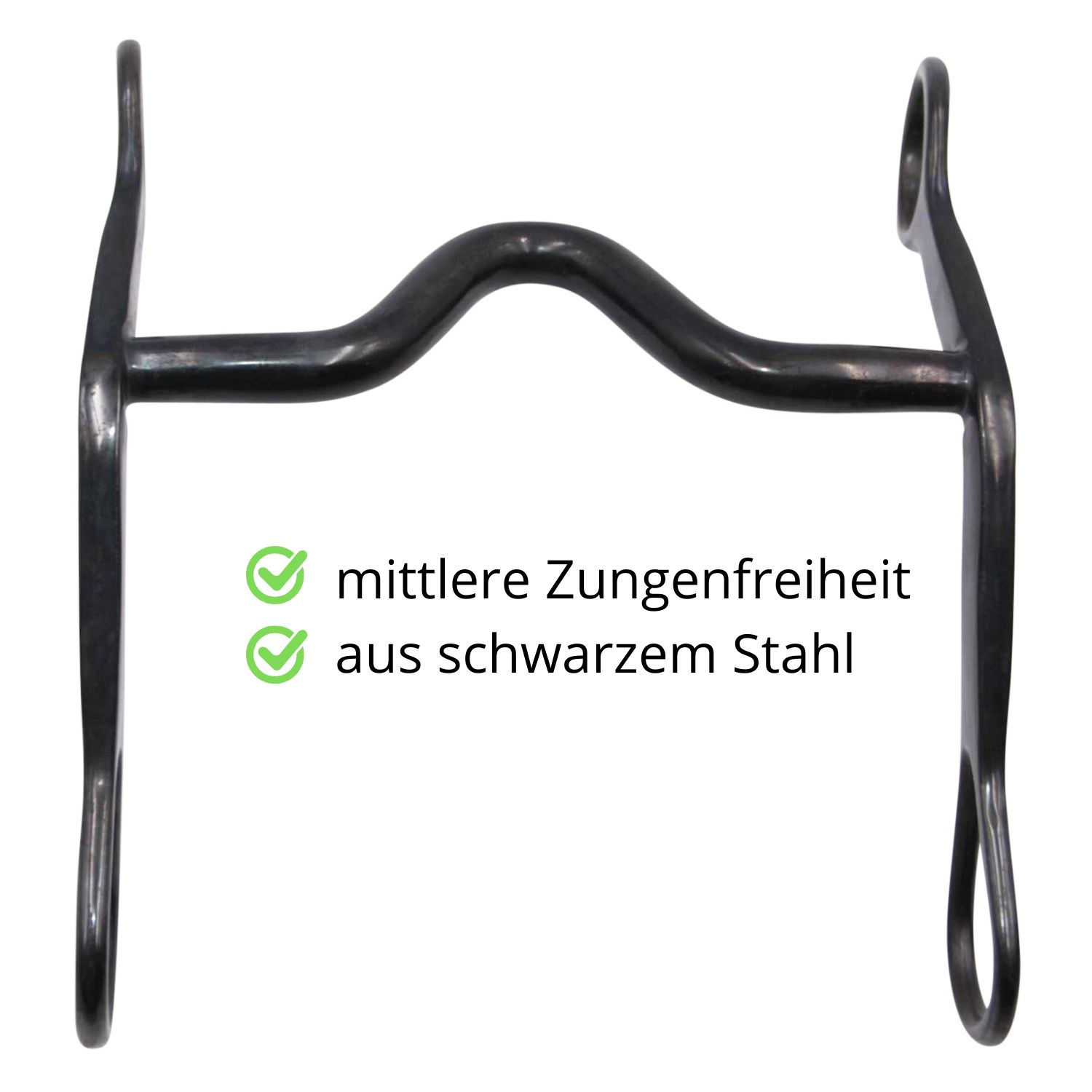 Schwarzes Metallgebiss mit gerader Form und ringförmigen Enden. Text: mittlere Zungenfreiheit, aus schwarzem Stahl.