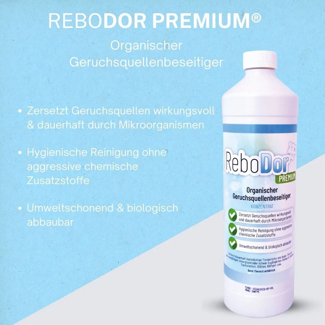ReboDor Premium organischer Geruchsquellenbeseitiger, Sprühflasche und Text.