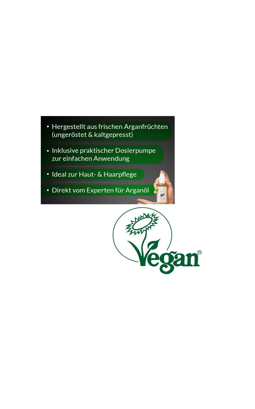 Text mit Informationen über Arganöl. Vegan-Logo.