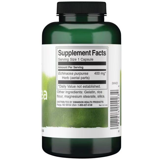 Rückseite der grünen Flasche. Etikett mit Nährwertangaben. Enthält Echinacea purpurea, 400 mg. 100 Kapseln.