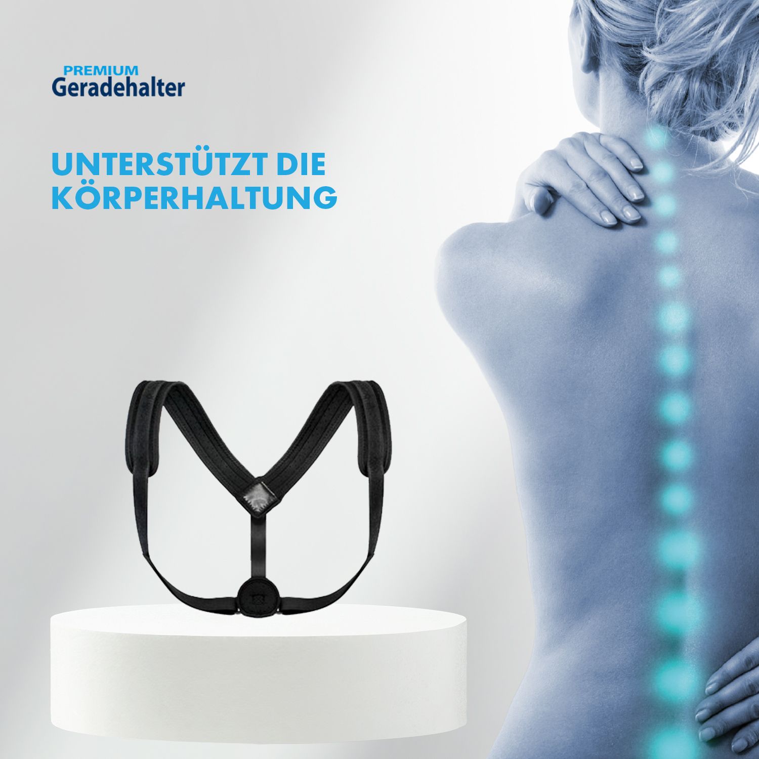 Schwarzer Rücken Geradehalter auf weißem Podest. Text: Unterstützt die Körperhaltung. Frau mit Wirbelsäule-Illustration.