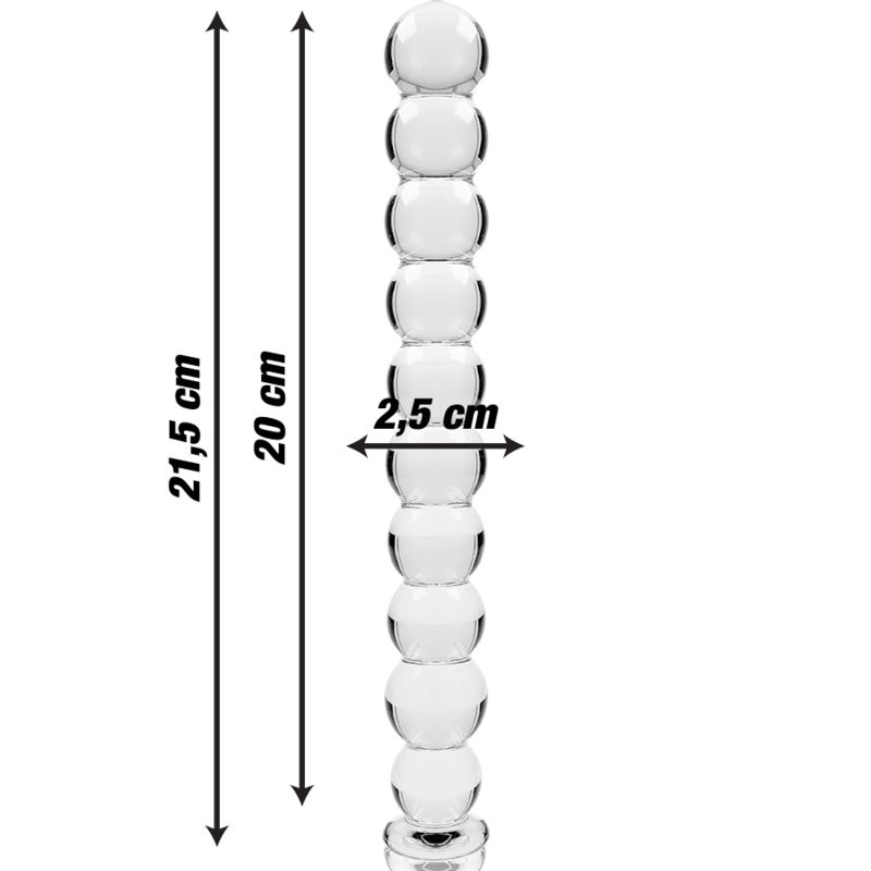 Dildo aus Borosilikatglas. Abmessungen: 21,5 cm lang, 2,5 cm Durchmesser. Klares Glas, kugelförmige Elemente.