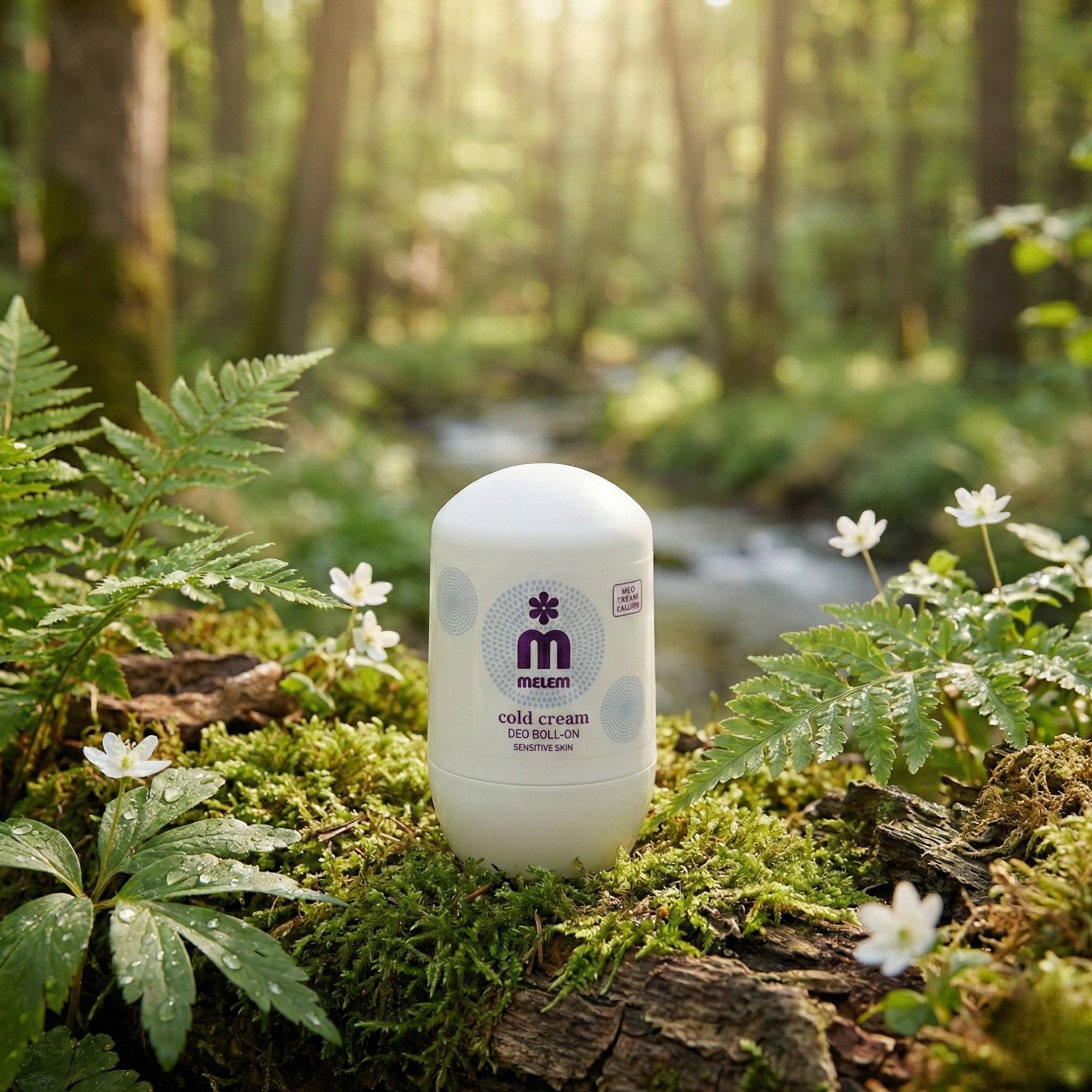 Weißes Roll-On-Deo mit lila Logo und Schriftzug. Auf Moos im Wald.