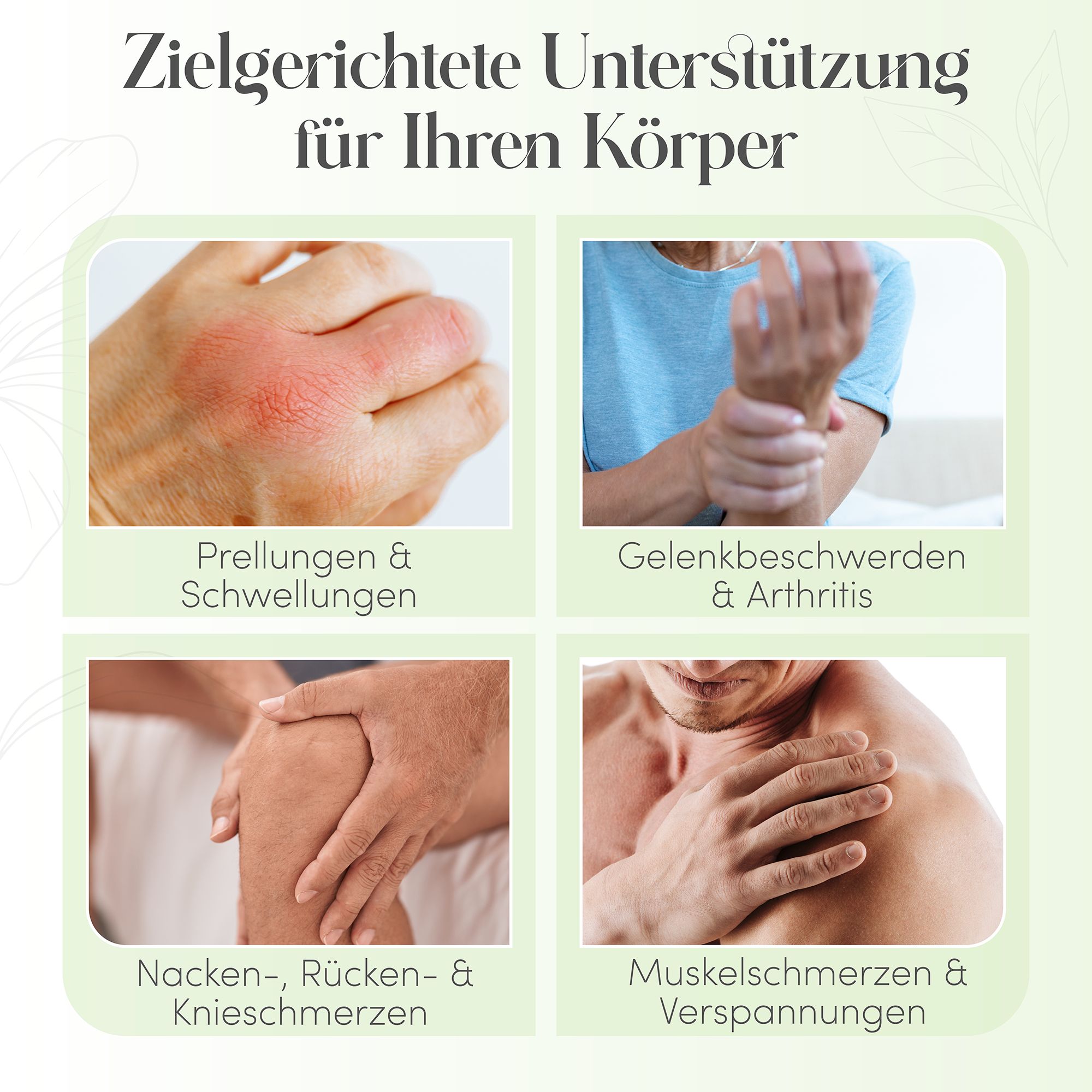 Bilder von Körperteilen: Prellungen, Gelenkbeschwerden, Nacken- und Knieschmerzen, Muskelschmerzen.