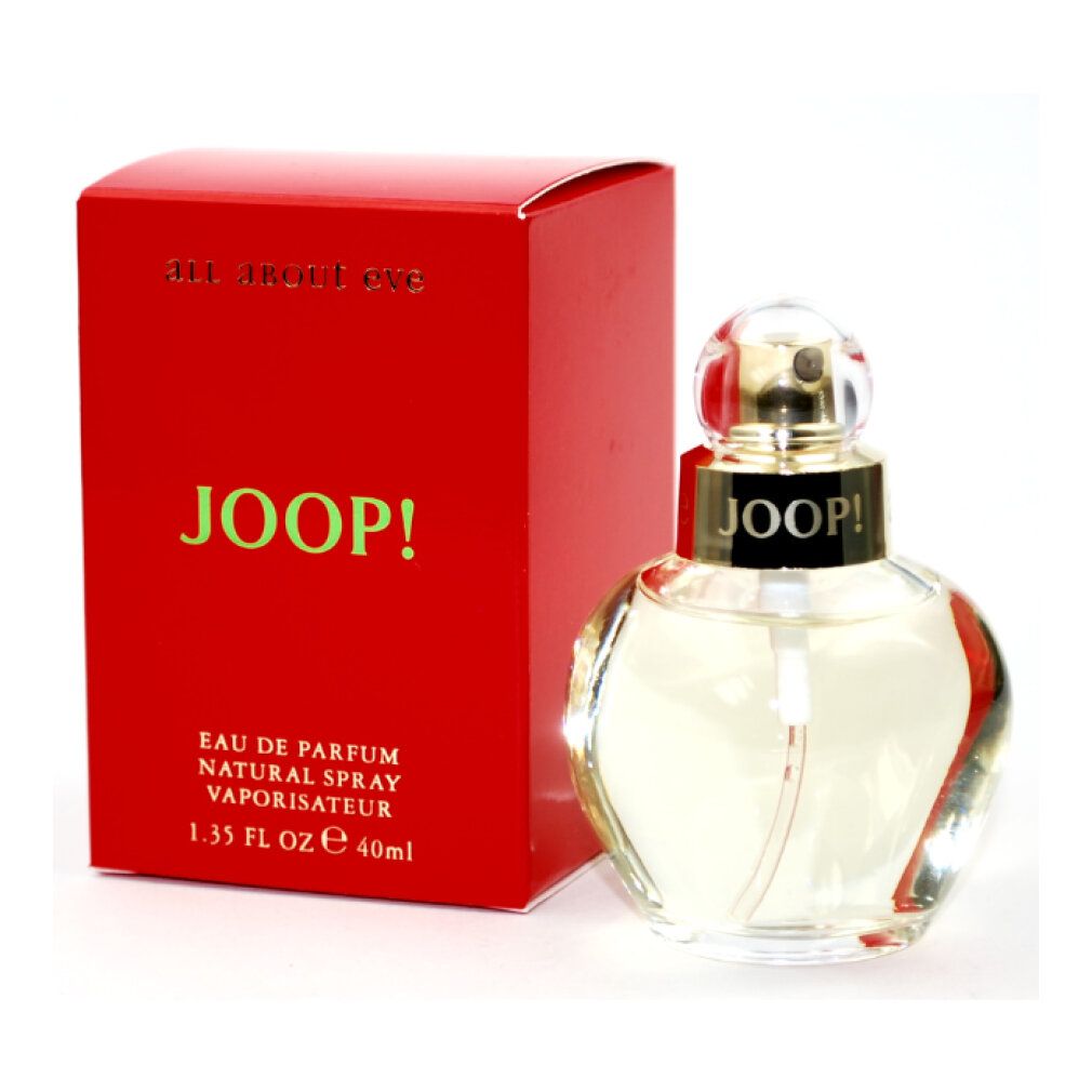 Joop! All About Eve Edp Spray und rote Verpackung. Flakon rund, goldener Verschluss. Verpackung mit Schriftzug JOOP! und Text.