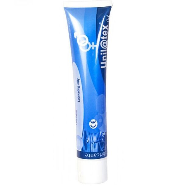 Blau-weiße Tube mit Produktnamen und Symbolen. CE-Kennzeichnung. Aufschrift: Lubricating Jelly.