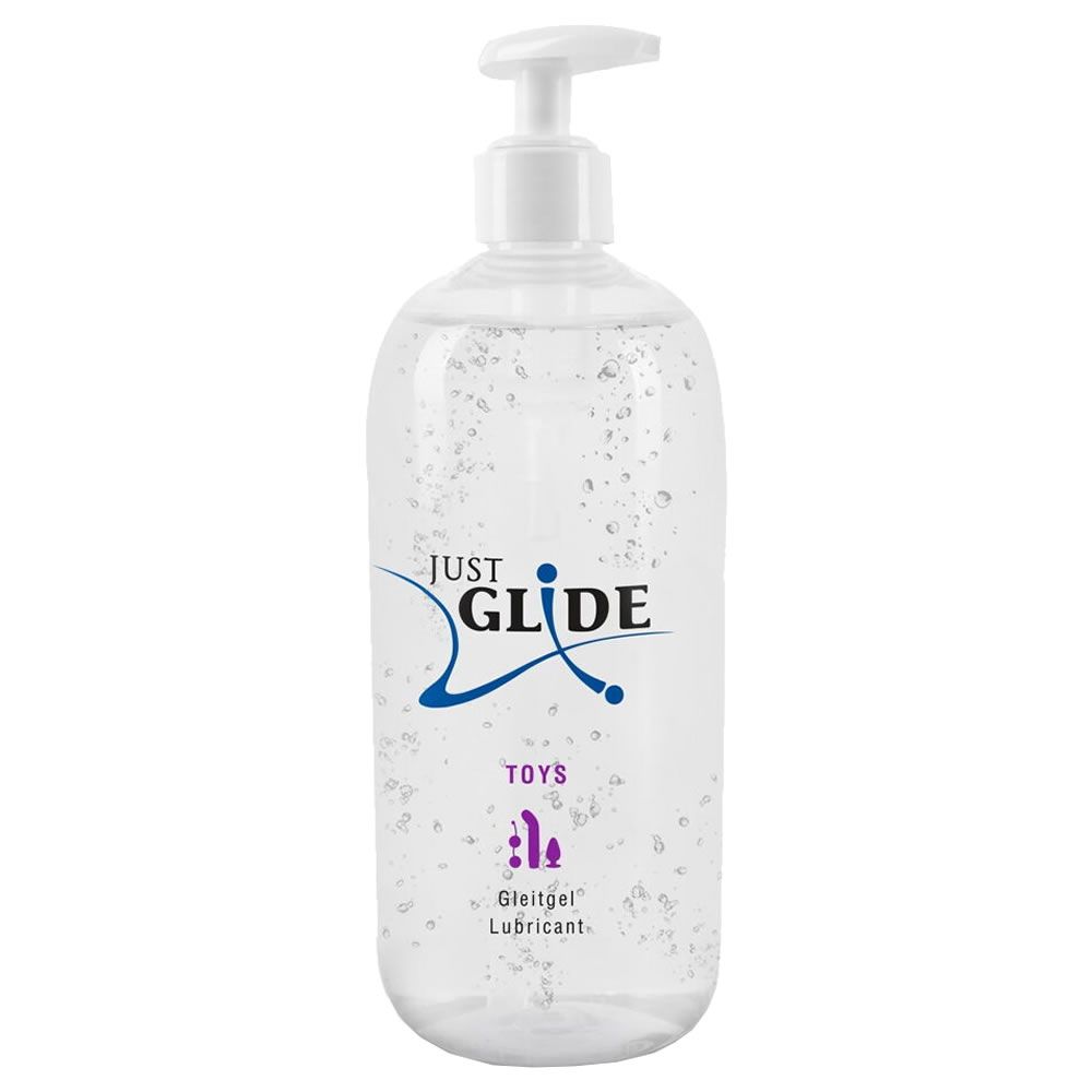 Transparente Flasche mit Dosierpumpe. Aufschrift: Just Glide Toys, Gleitgel Lubricant.