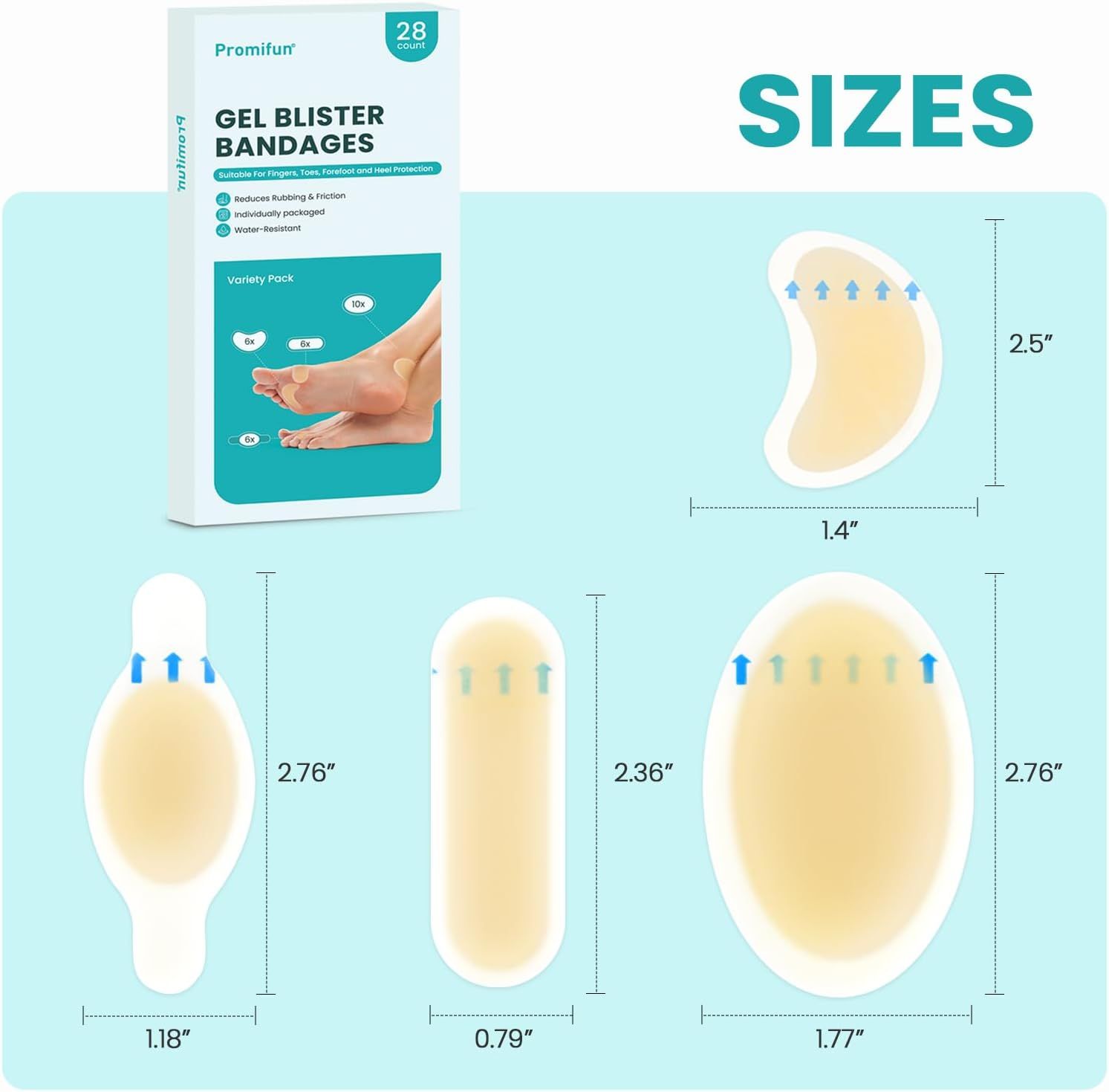Blasenpflaster-Mixpack. Verschiedene Formen und Größen. Maße: 2,5", 2,76", 2,36", 1,4", 1,77", 1,18", 0,79".