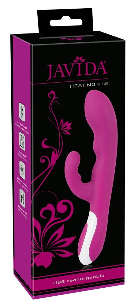 Verpackung für einen lila Vibrator. Auf der Verpackung steht "JAVIDA HEATING VIBE".