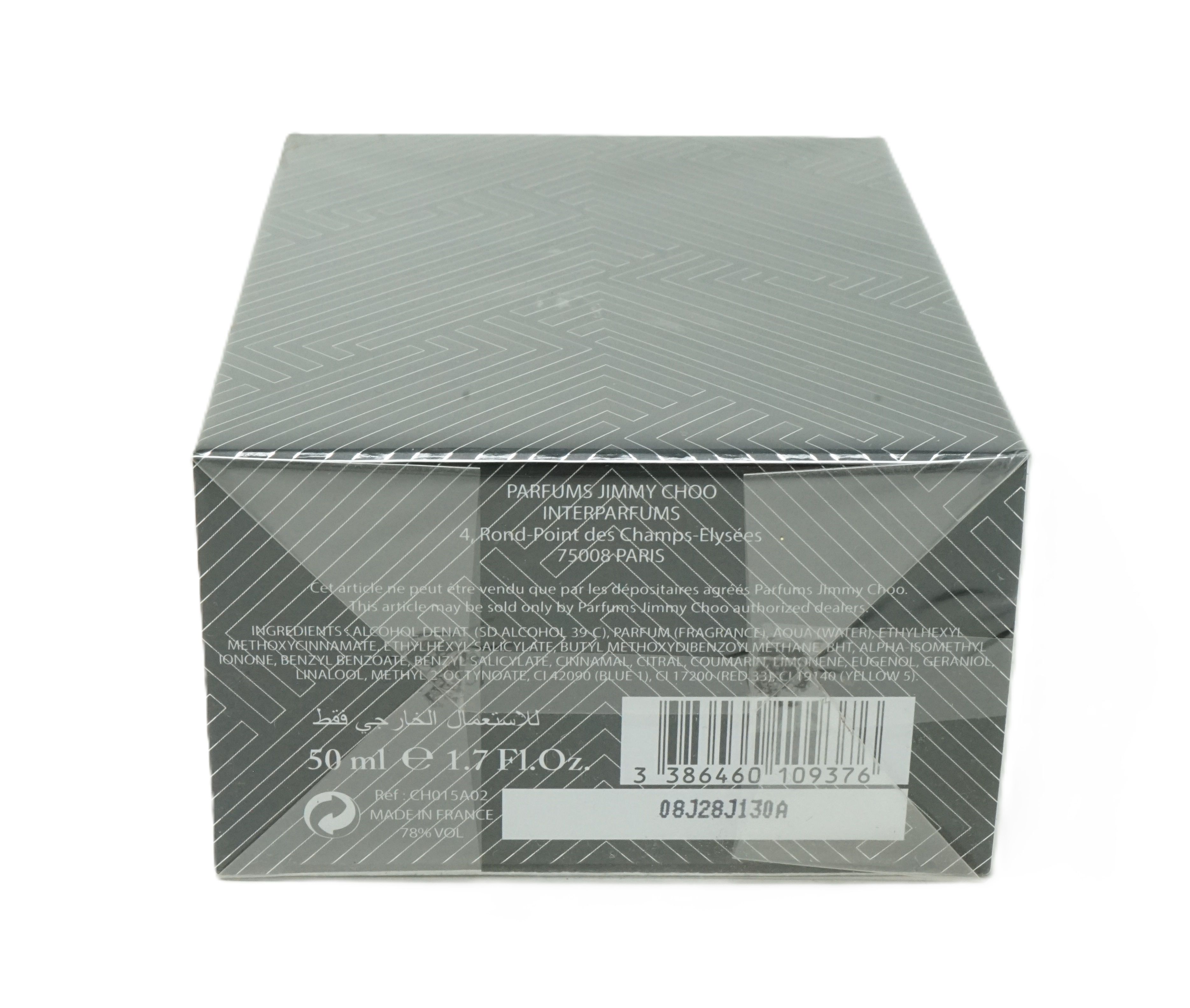 Schwarzer Karton mit grauen geometrischen Mustern. Text: Jimmy Choo, 50 ml, 1.7 Fl.Oz.